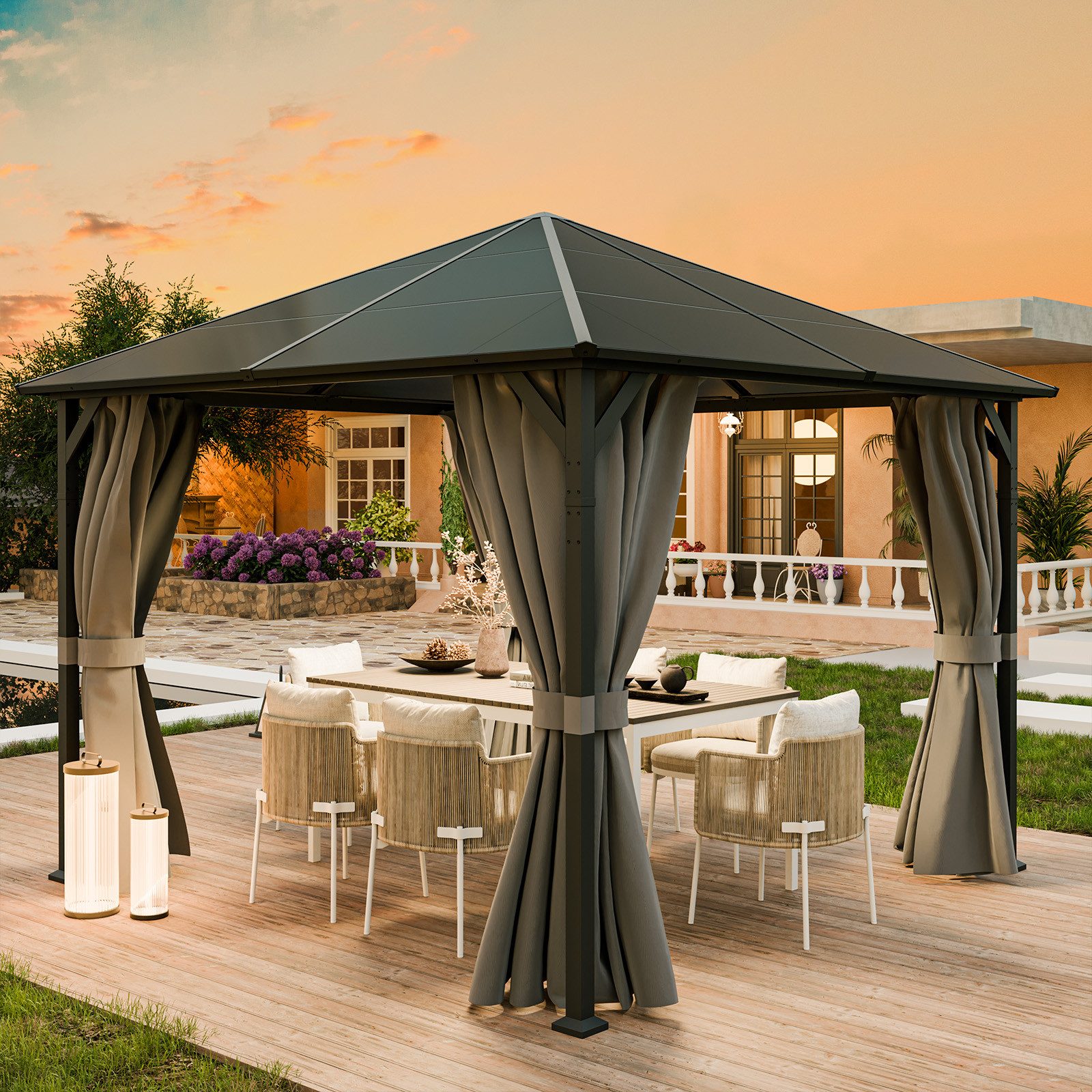 UDPATIO Pavillon Polycarbonat mit Vorhängen wasserdicht günstig online kaufen