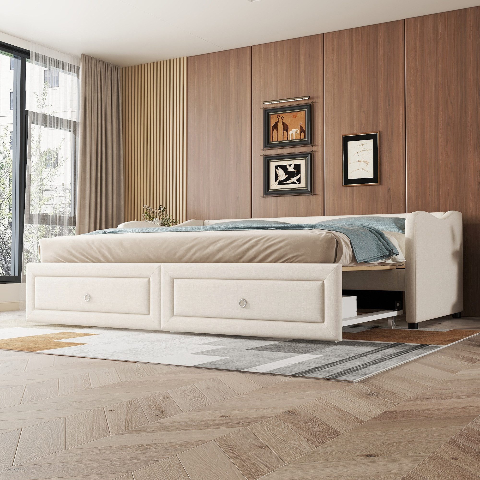 SOFTWEARY Schlafsofa mit Bettfunktion, 90x200 cm/180x200 cm, Einzelbett/Doppelbett, Leinen