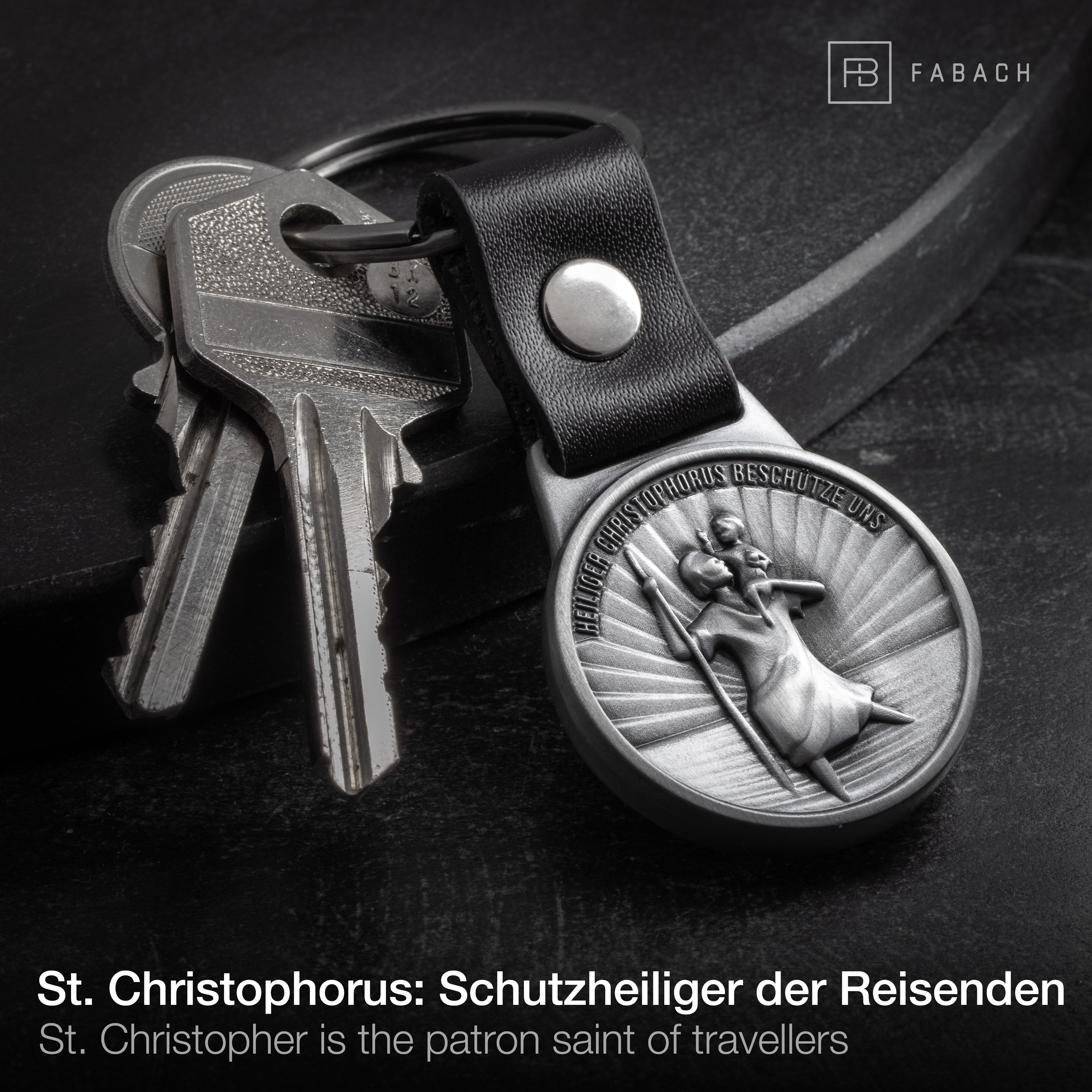 Schutzpatron am für Silber Christophorus Schlüsselanhänger und - FABACH Autofahrer Schwarzes Lederband Leder Antique Reisende