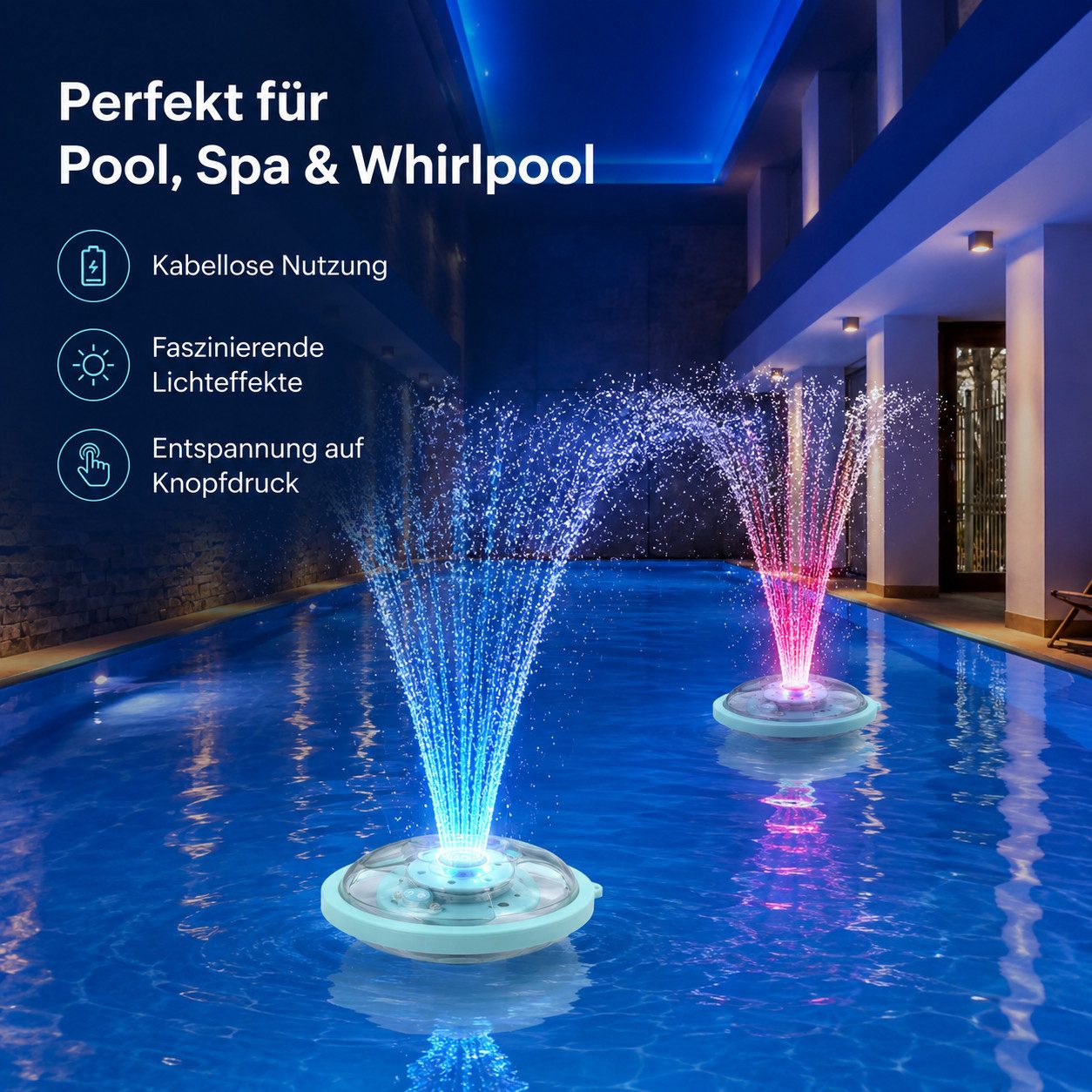 Tekoo LED Teichleuchte Poolbeleuchtung: LED-Springbrunnen & schwimmendes Wasserspiel, LED fest integriert, Blau, Rot, RGB Farbwechsel, Warmweiß, Grün, 5 RGB-Lichteffekte, schwimmfähig