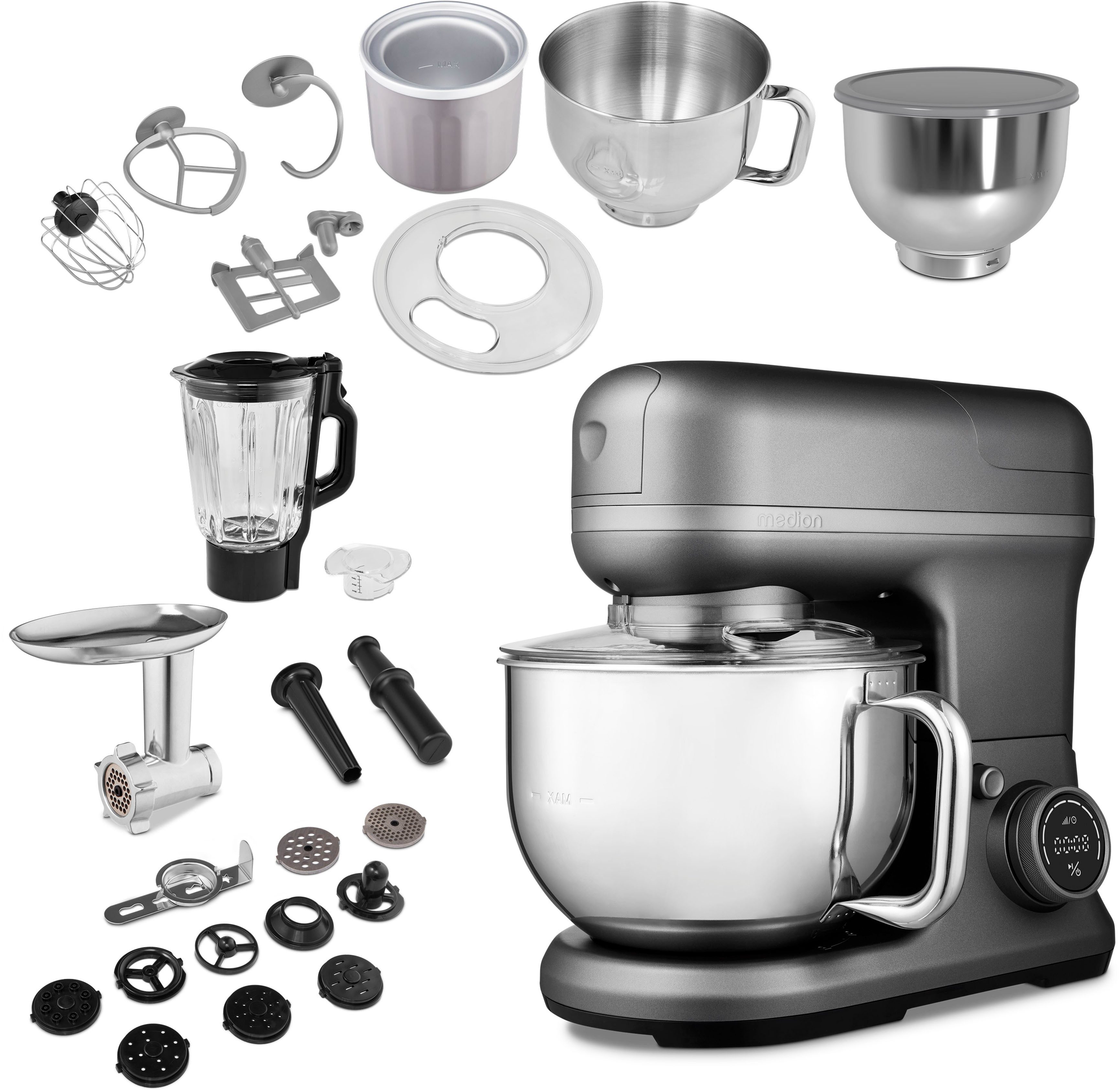 Medion® Küchenmaschine MD 18442 8 Geschwindigkeitsstufen, titan, 1200 W, 5 l Schüssel, Umfangreiches Zubehör-Set inkl. Eisschüssel für Speiseeiszubereitung
