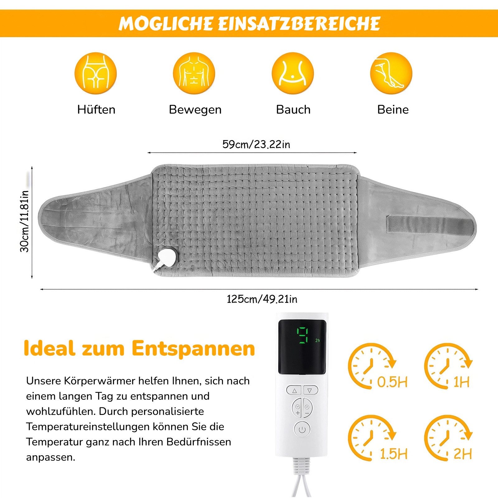 BlingBin Heizkissen Elektrisches Taille Beheiztes Kissen Mit LCD-Controller, 9 Heizstufen, 4 Timer-Einstellungen, Schnelles Aufheizen 1-tlg., 125*30cm, Wärmekissen mit Abschaltautomatik Für Rücken Bauch Schultern Bein