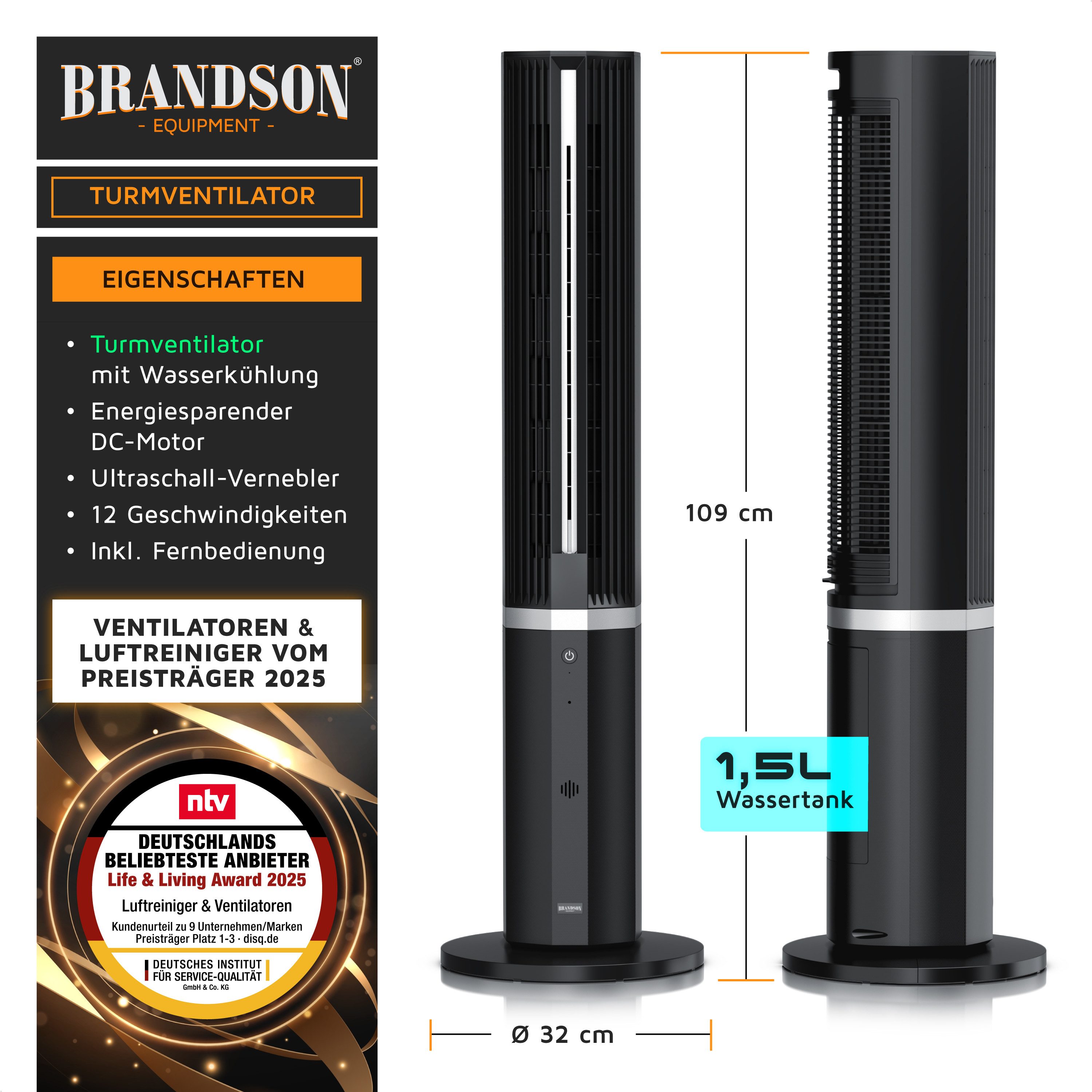 Brandson Turmventilator mit Wasserkühlung, Luftkühler, Eco DC-Motor 55W, Ti günstig online kaufen