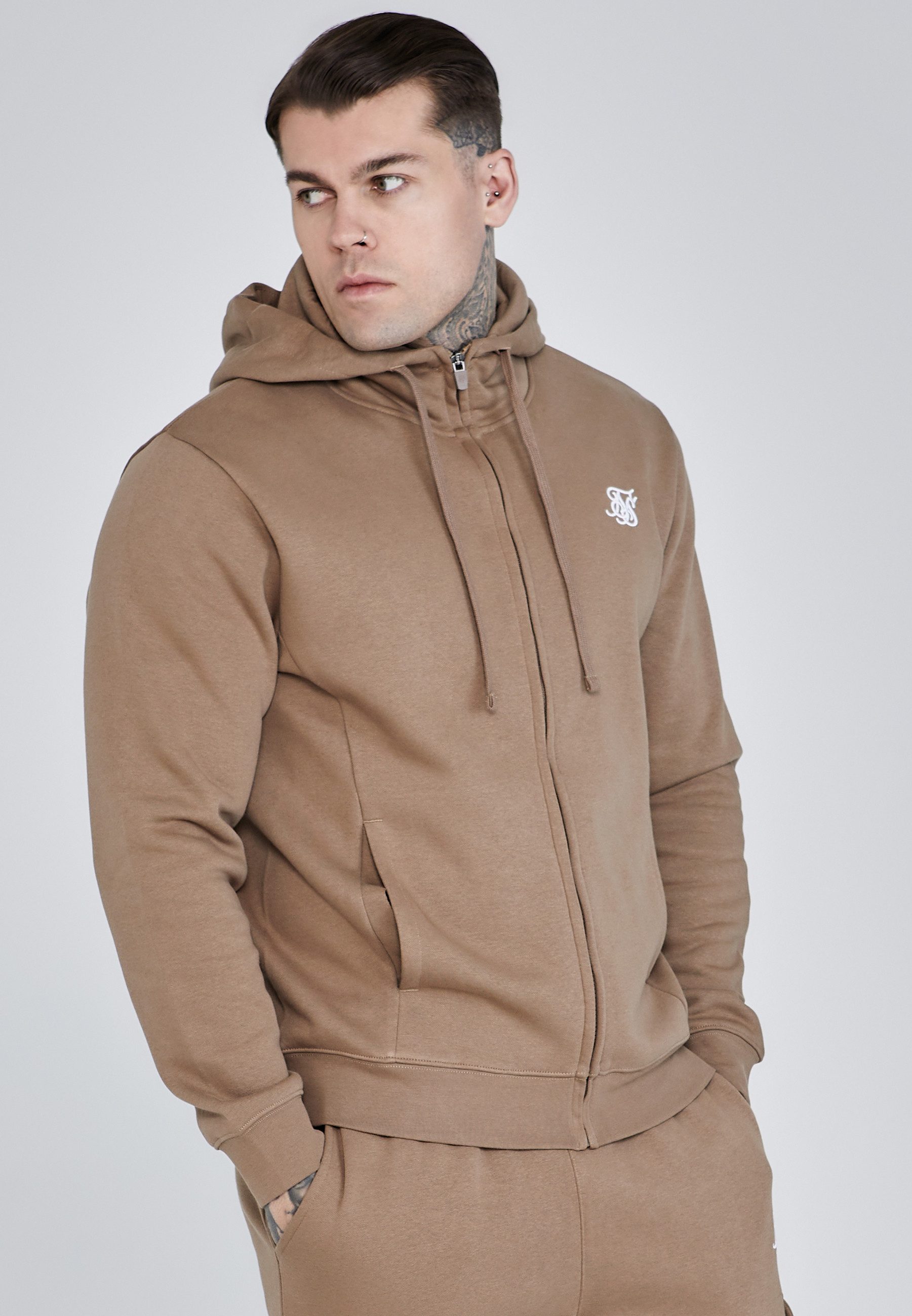 Siksilk Hoodie SikSilk Herren Brauner Essentials Full Zip Kapuzenpullover