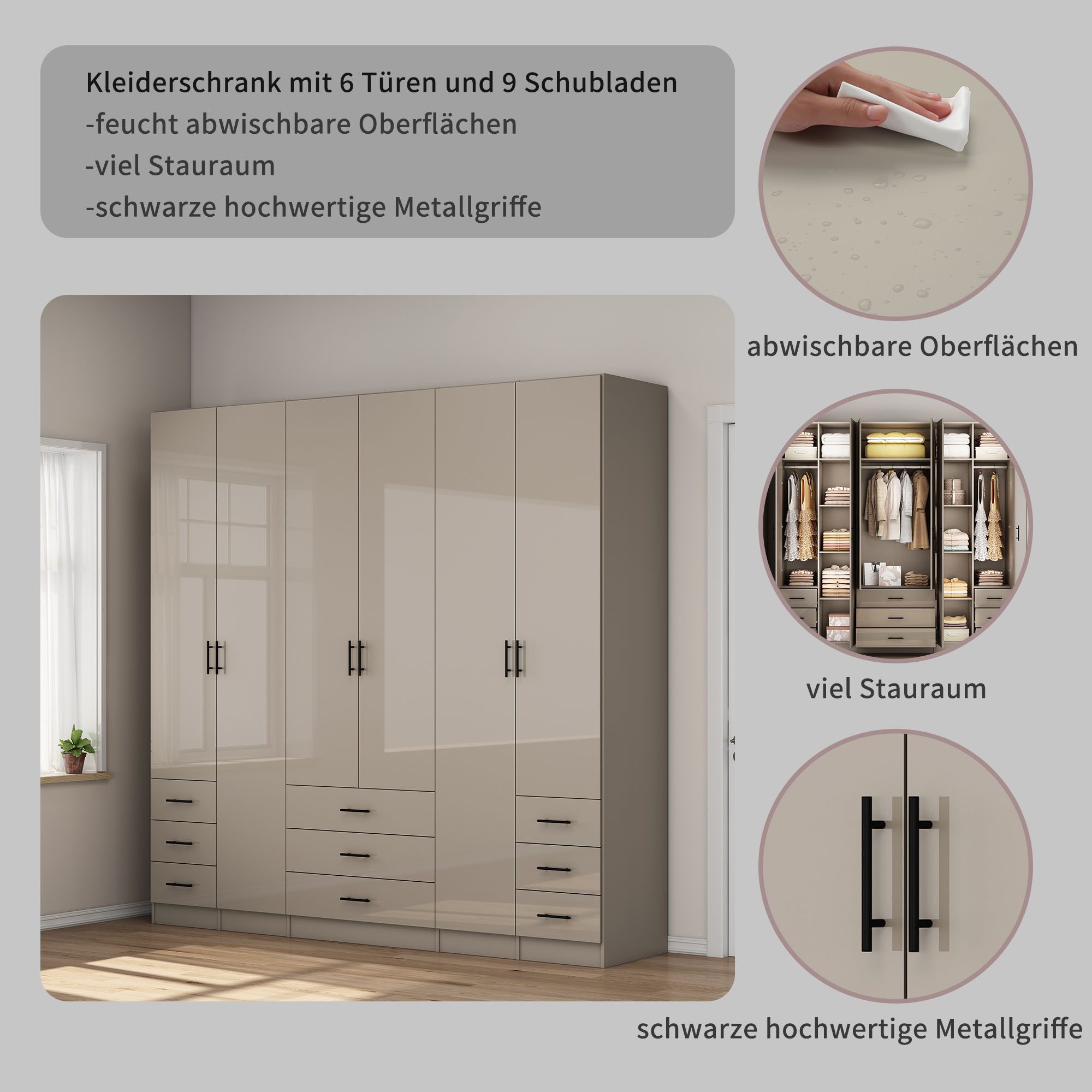 OTTO home Kleiderschrank Trento Schlafzimmerschrank Garderobe hochglanz (in 2 unterschiedlichen Schrankhöhen wählbar) Schrank mit 6 Türen und 9 Schubladen, Hochglanz-Fronten, 2,39m Höhe