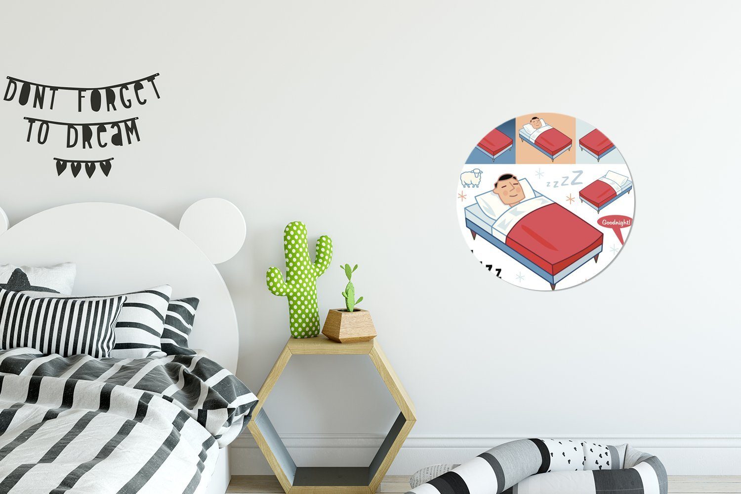 MuchoWow Wandsticker Eine Illustration eines Kinderzimmer, Tapetenaufkleber, mit im schlafenden Kindes Rund, St), Wohnzimmer Augen für (1 Tapetenkreis Bett