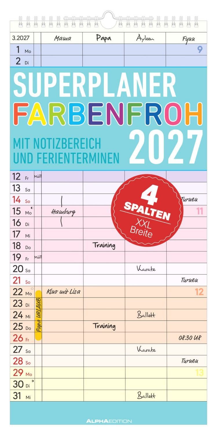 NEUMANN Familienkalender Superplaner Farbenfroh - 4 Spalten 2027