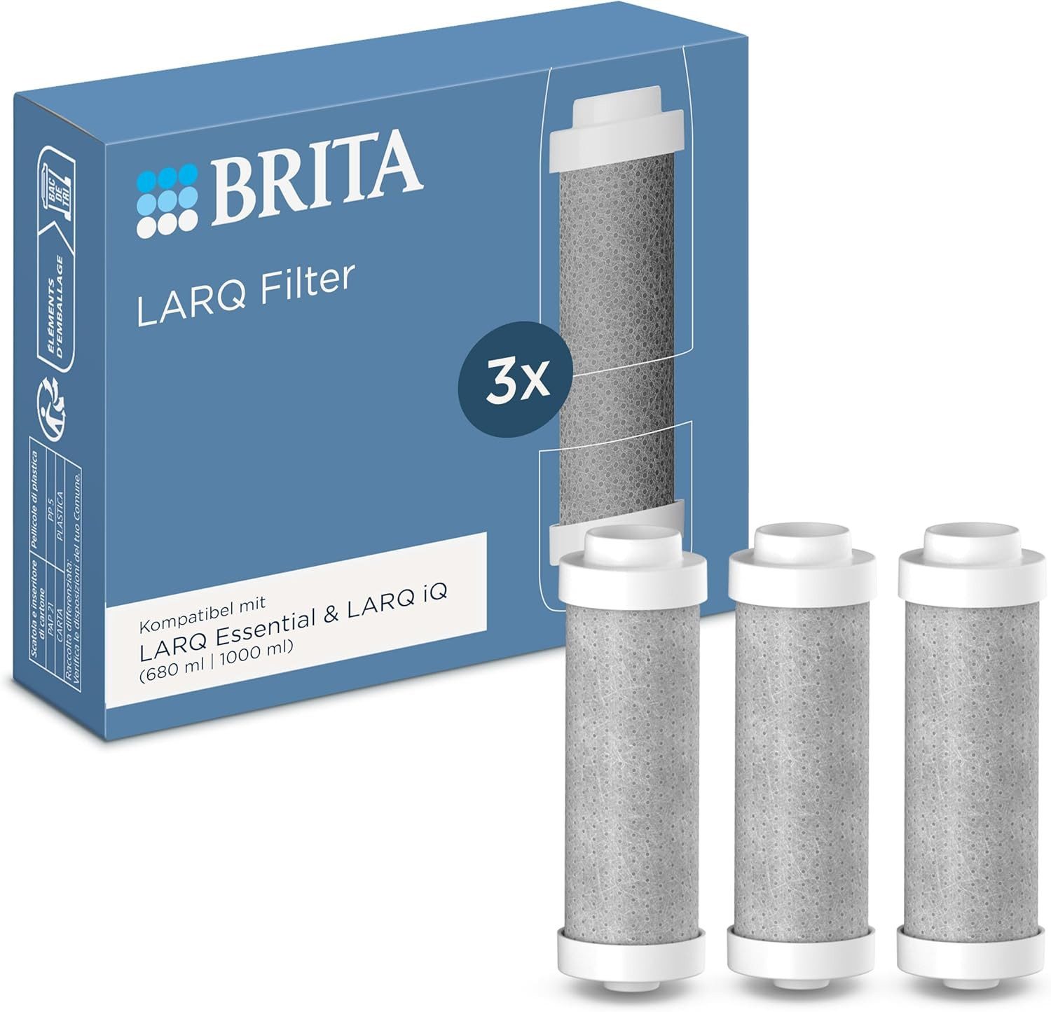 BRITA Wasserfilter BRITA LARQ Ersatzfilter Pack 3 für BRITA LARQ iQ und Filterflaschen, Zubehör für BRITA LARQ Filter-Trinkflaschen, Ersatz-Wasserfilter reduziert PFAS, Chlor & Mikroverunreinigungen