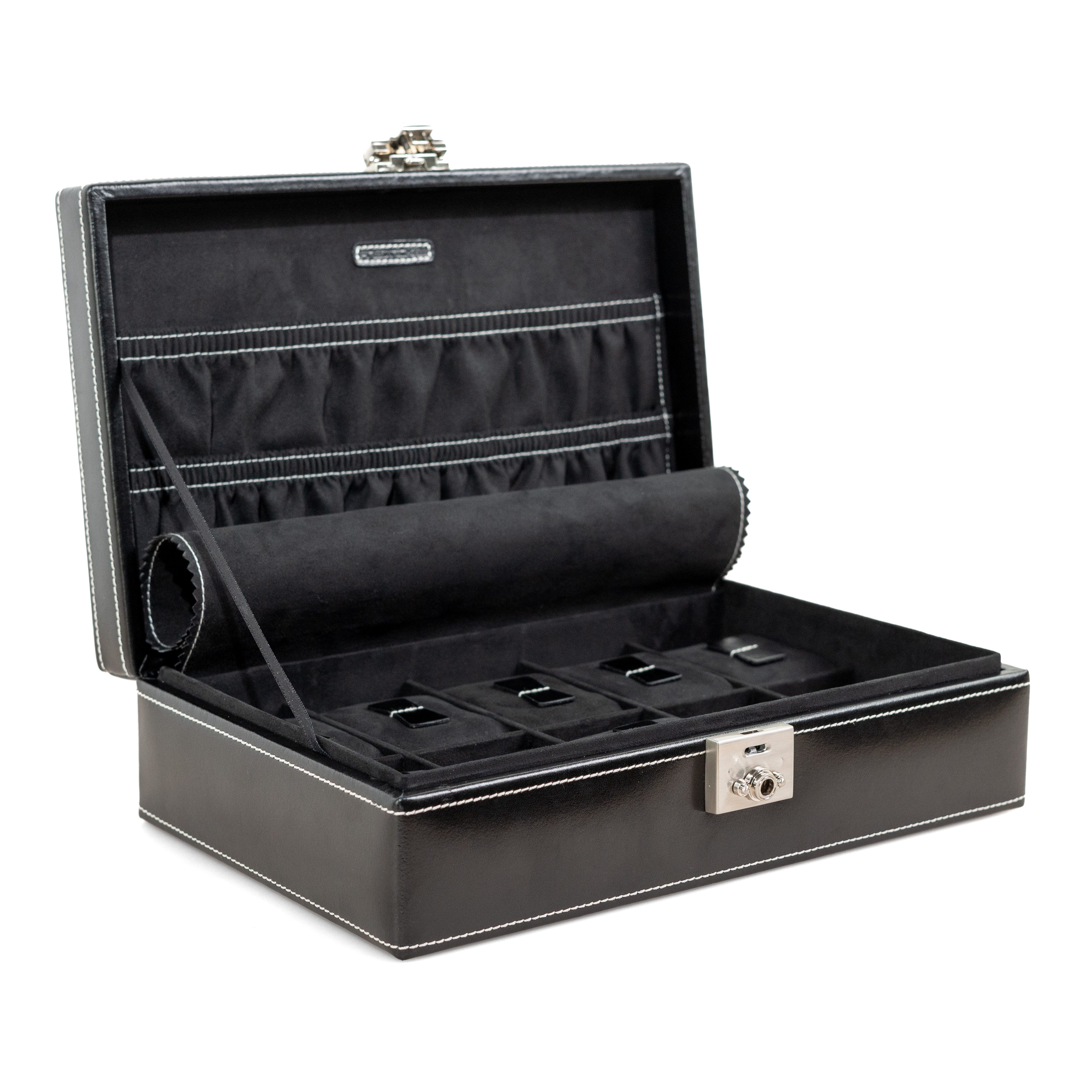 Friedrich23 Uhrenbox aus Leder London für 10 Uhren, Rückseitige Öffnung mit Metall-Öse für Smart-Watch-Ladekabel