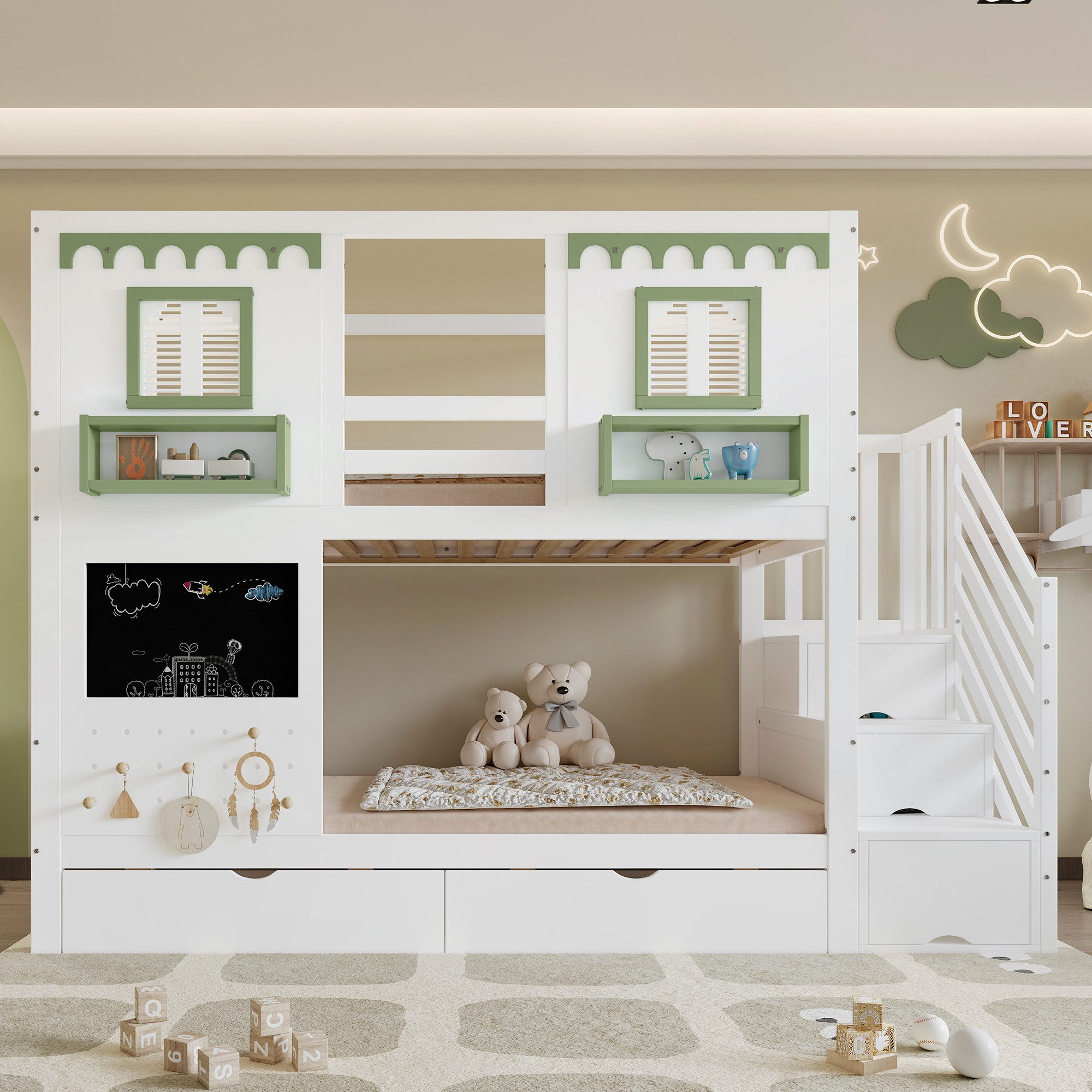Merax Etagenbett 90x200cm mit Fenster Design (Jugendbett Hausbett Stockbett Doppelbett, 1-St), Kiefernholz Kinderbett mit 2 Schubladen, Stauraumtreppe, Tafel &  – Bild 2 von 5