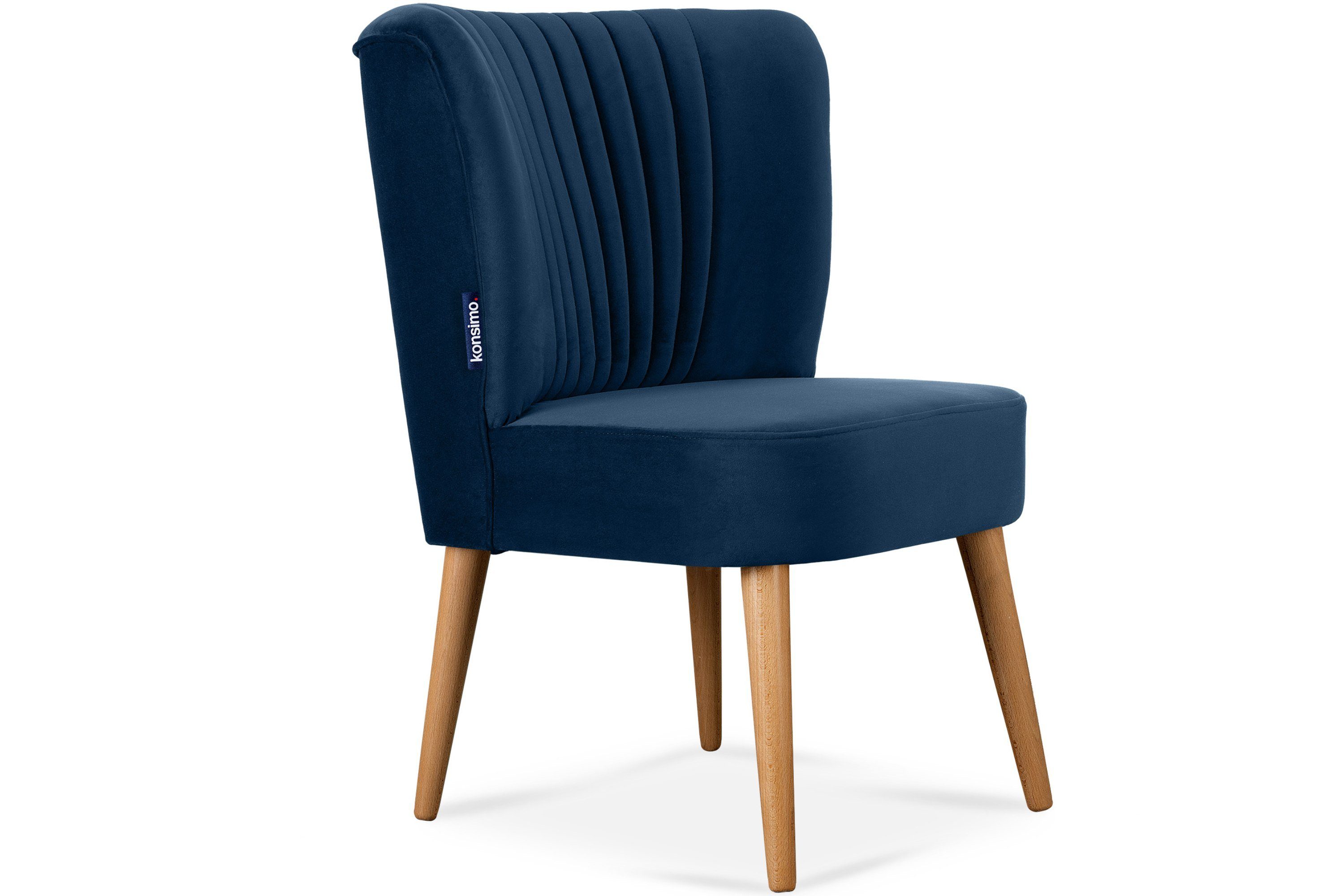 Konsimo Cocktailsessel DUCO Sessel (1-St), Ziernaht an der Rückenlehne, auf hohen Beinen aus Buchenholz gebeizter Eiche dunkelblau/Eiche | dunkelblau
