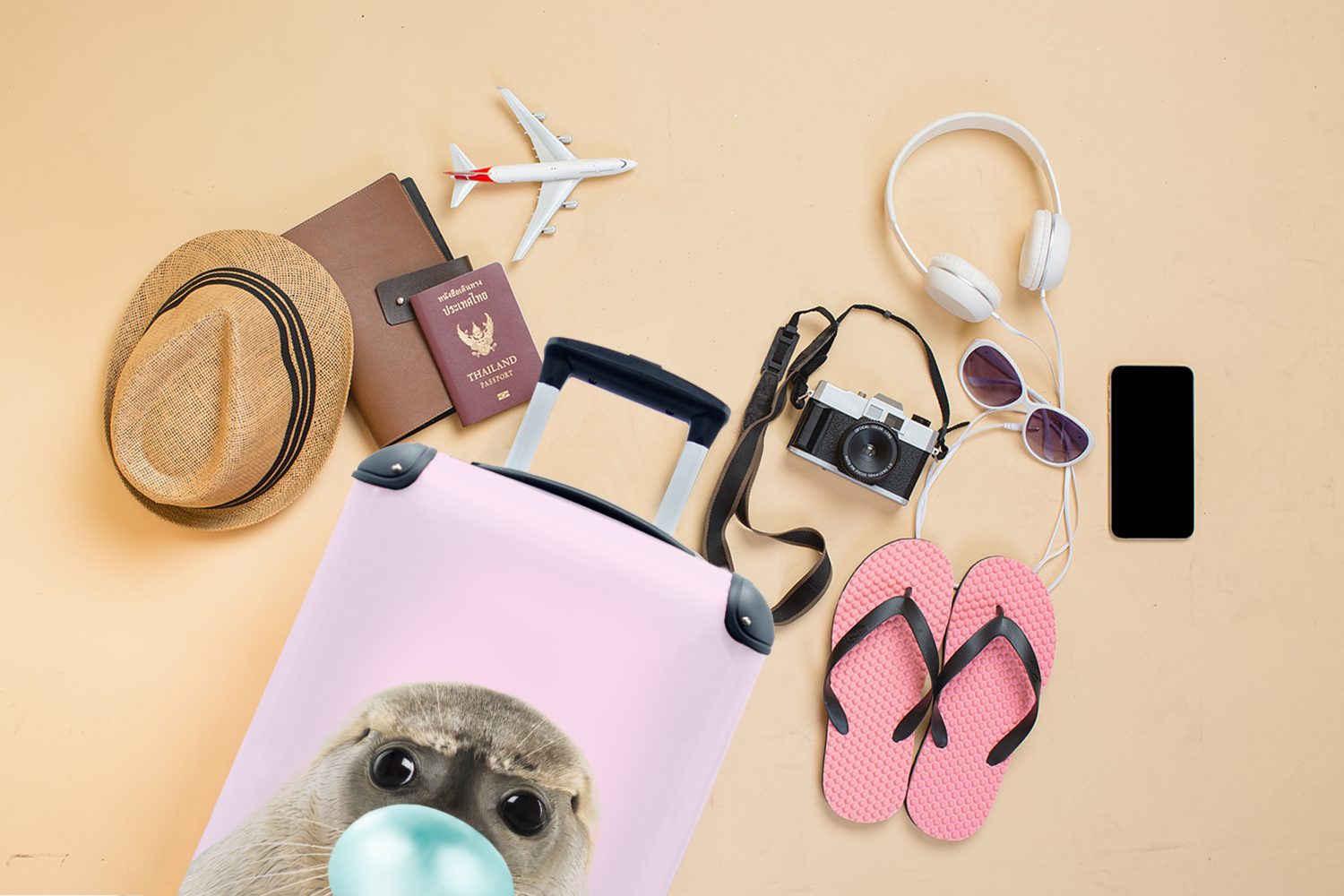 - mit Rollen, Handgepäckkoffer 4 MuchoWow Reisekoffer Reisetasche Ferien, Blau Kinder, Trolley, Siegel rollen, - Kinder - - - Kaugummi Handgepäck für - Rosa Mädchen