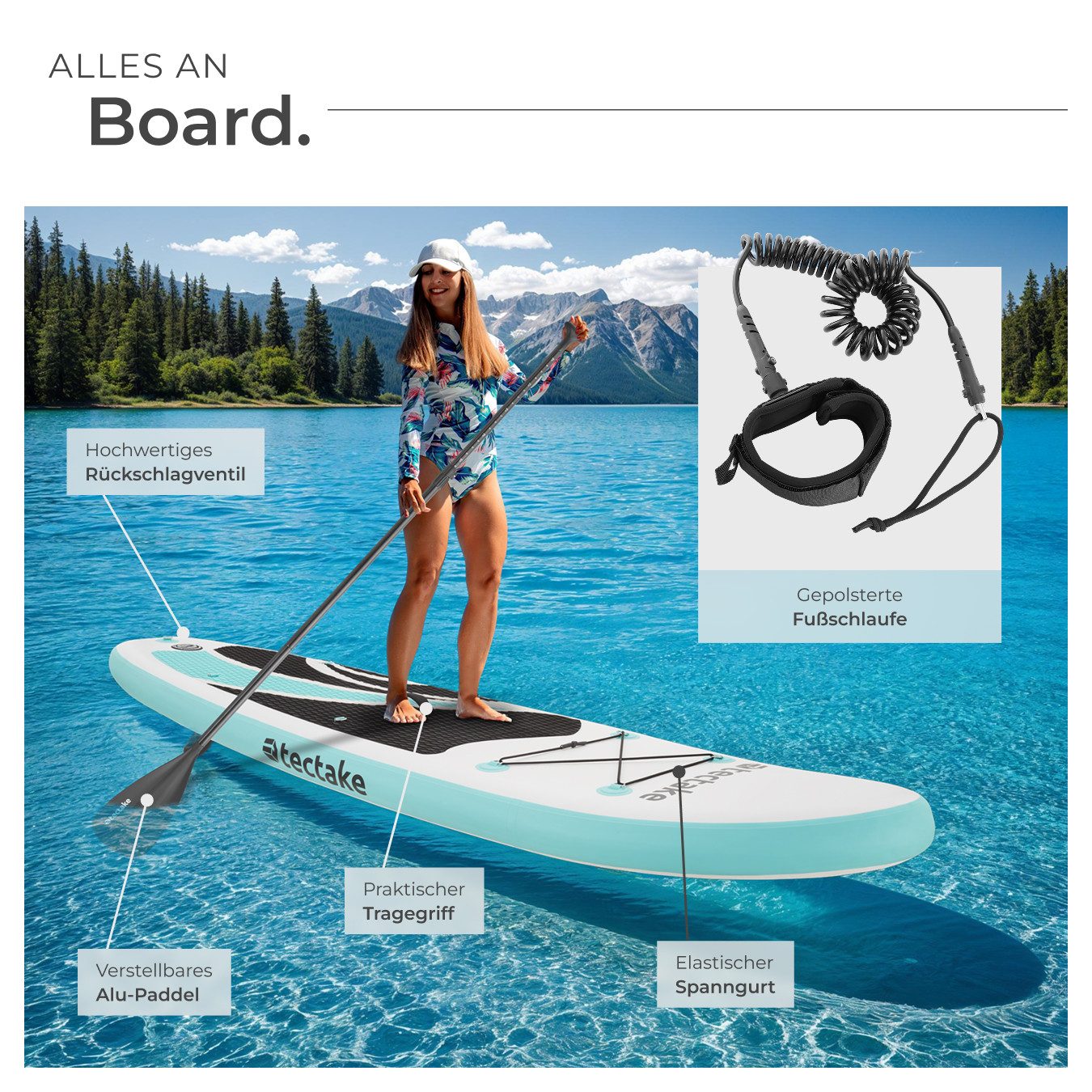 tectake SUP-Board Stand-Up Paddle Board 2in1, Belastbarkeit 200 kg, 288 x 77 x 22,5 cm, Stand-up Paddle, (Komplettset mit Rucksack, weiß/türkis), aufblasbar, stabil, leicht und rutschfest