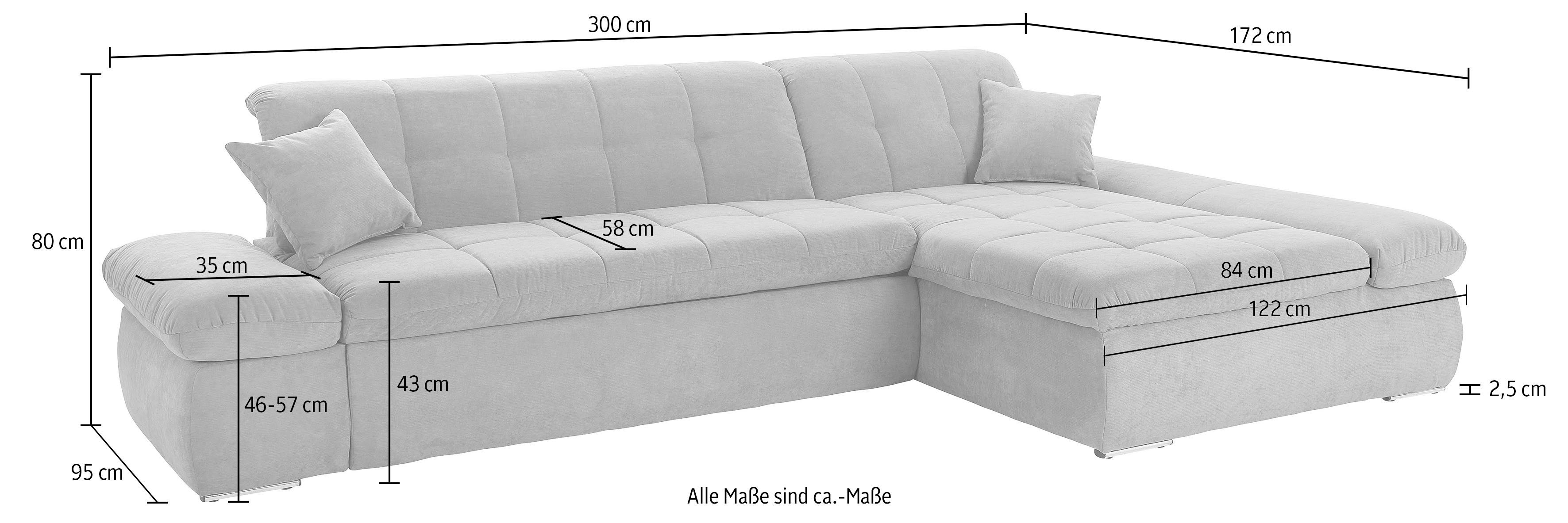 DOMO collection Ecksofa NMoric XXL, B/T/H: 300/172/80cm, L-Form, wahlweise mit Bettfunktion und Armlehnverstellung