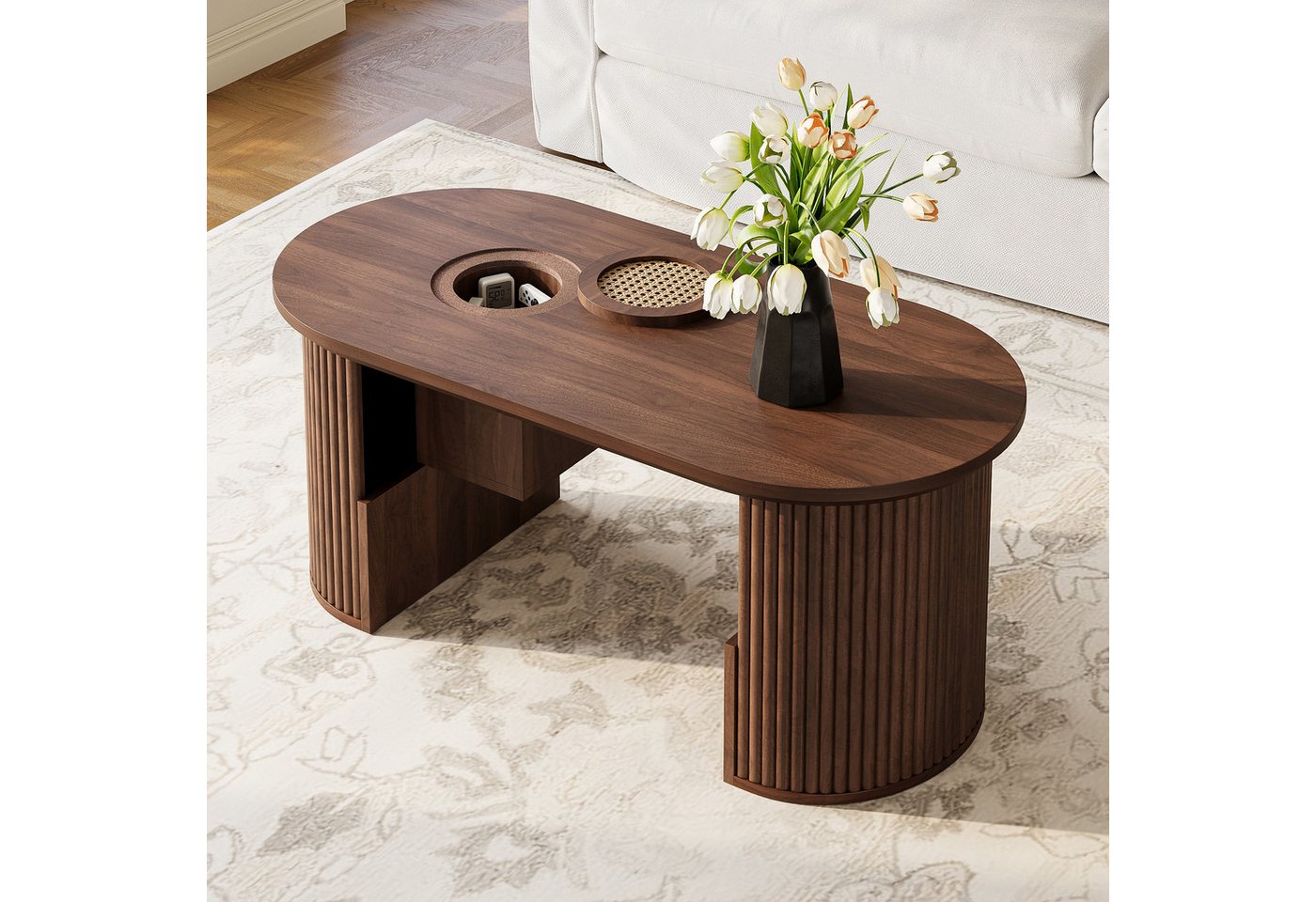 KLAM HOME Couchtisch Anhebbarer Couchtisch Nussbaum mit gebogenen Holzseiten (Mit vertikaler Textur und integrierter Aufbewahrung), Modernes Wohnzimmertisch aus MDF, 105x50x46,5cm