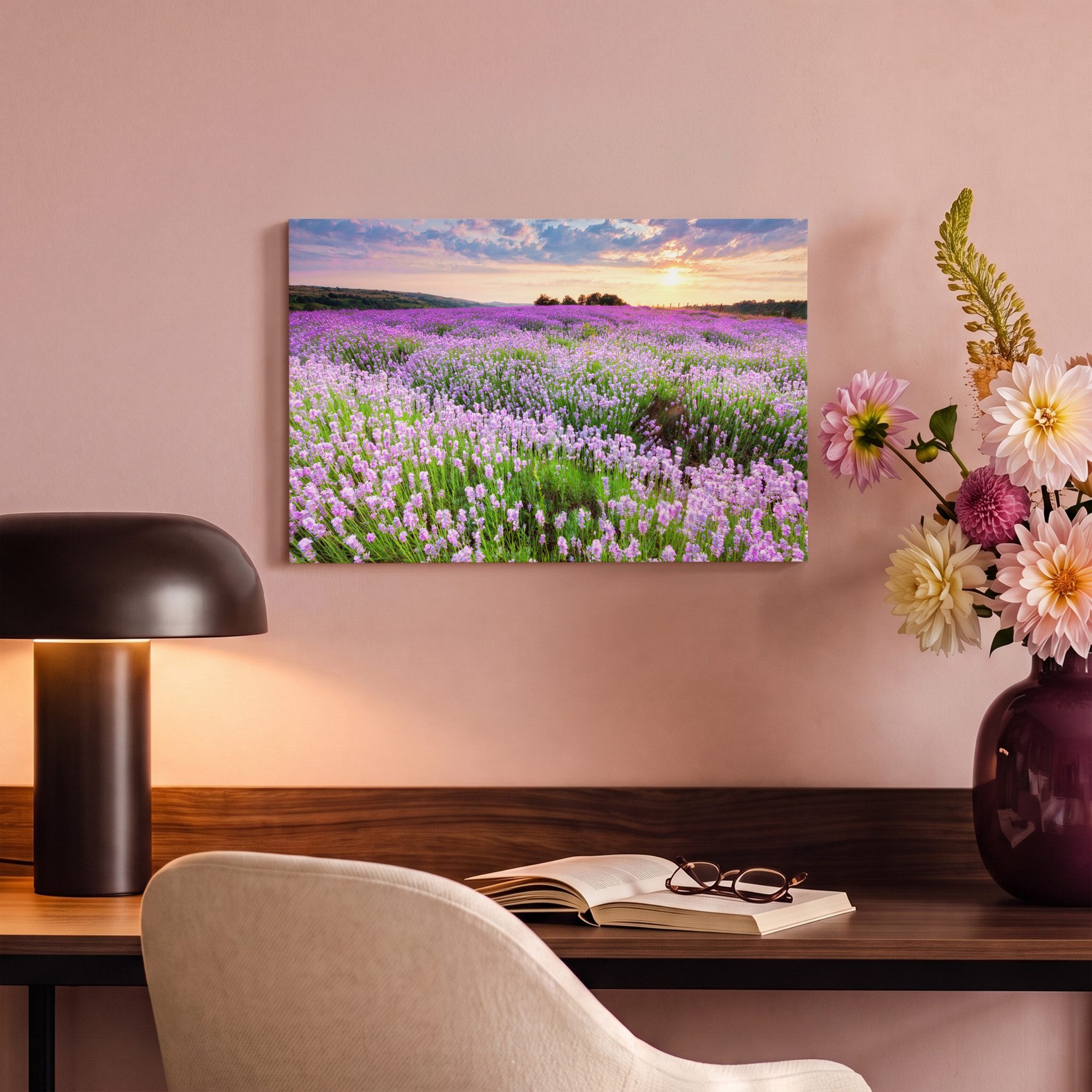 OneMillionCanvasses® Leinwandbild Blumen - Lavendel - Lila - Himmel - Sonnenuntergang - Wiese - Natur, Fotodruck (1 St), Leinwand Bilder Klein, Wand Dekoration  – Bild 4 von 5