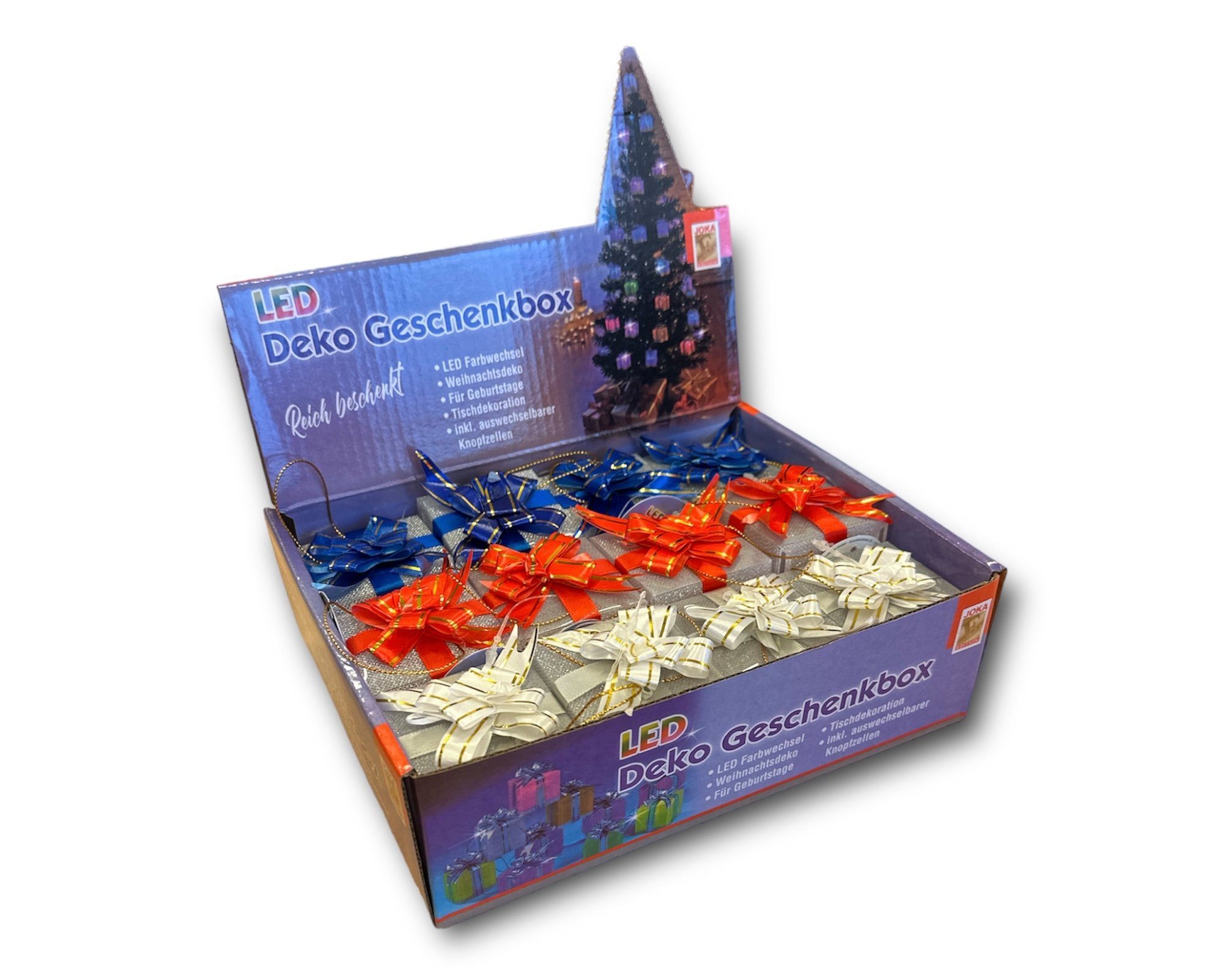 Luna24 simply great ideas... Christbaumschmuck LED Geschenk-Paeckchen 12er-Set rot/blau/weiß Farbwechsel. (12-tlg), Anhänger als Geschenke mit Farbwechsel