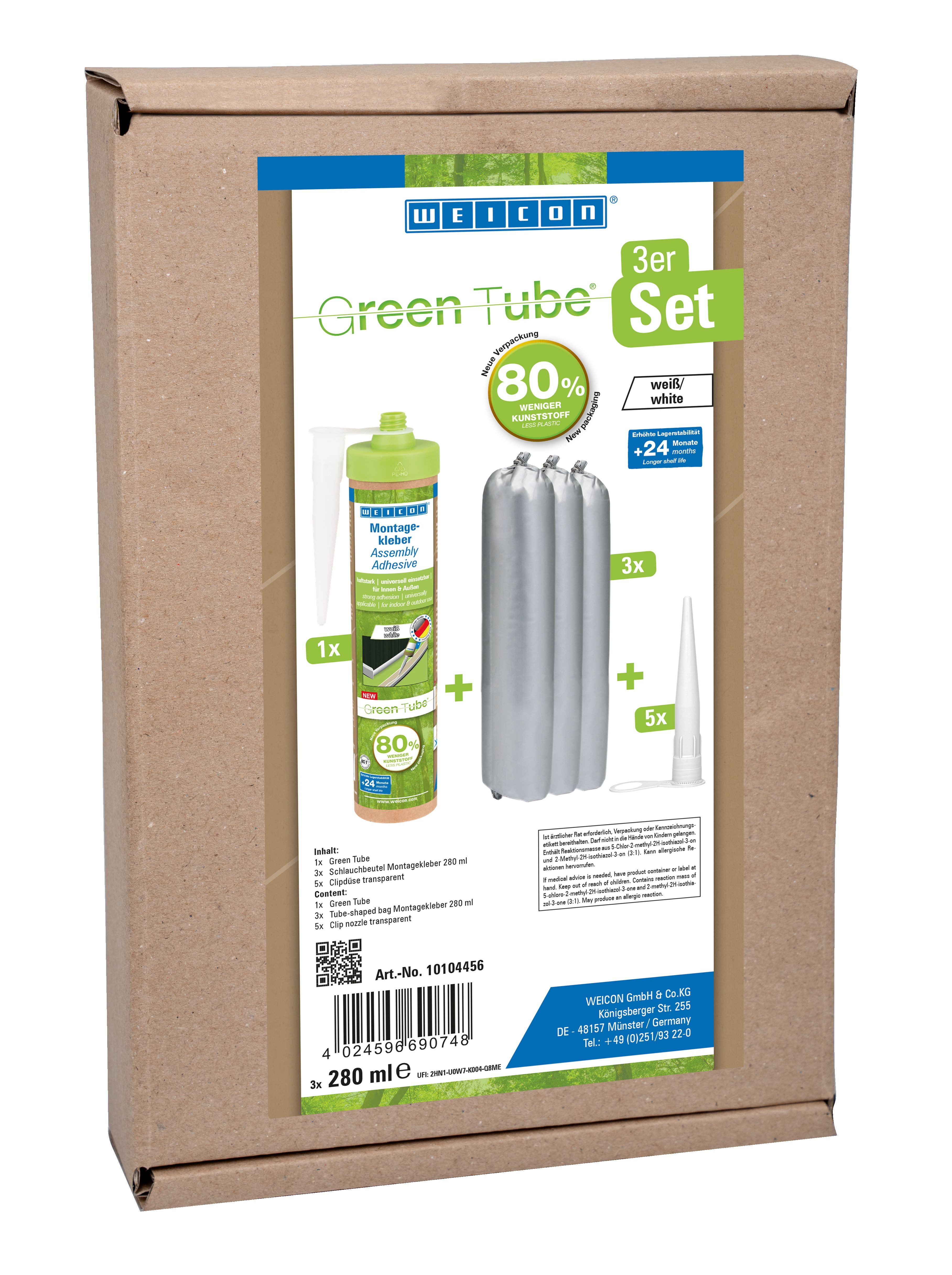 WEICON Klebstoff Green Tube Flex Montagekleber, (Kartusche, 3-tlg), haftstarker Universalklebstoff für Innen und Außen