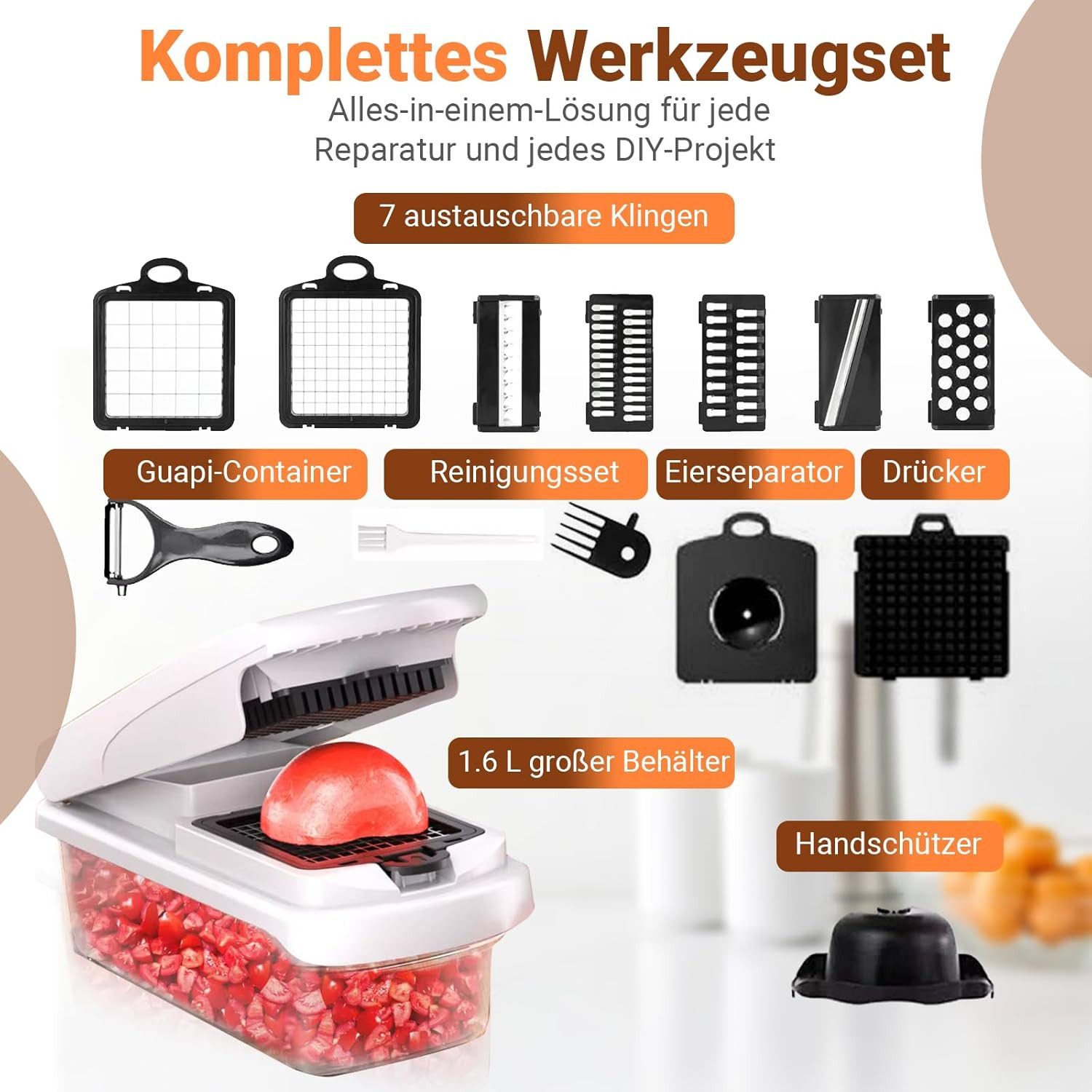 BlingBin Gemüseschneider 15-in-1 Gemüsehobel mit 7 Austauschbaren Klingen, Küchenreibe, Gemüse Schneider Würfelschneider für Kartoffeln Gurken Früchte