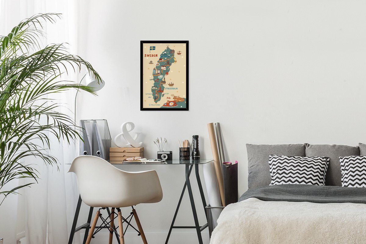 MuchoWow Poster Illustration Skandinavien mit der Karte von Schweden und einem Elch, (1 St), Bilderrahmen, Zimmer Deko, Bild für Wohnzimmer, 20x30 cm