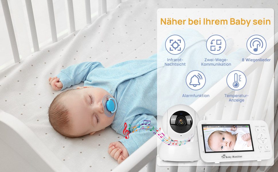 VSIUO Babyphone Babyphone mit Kamera, Video Baby Monitor, Video-Babyphone, Infrarot-Nachtsicht, Temperaturanzeige, Schlaflieder, Zwei-Wege-Audio, Gegensprechfunktion, Smart VOX-Modus, 2/4-fach Zoom mit Fernbedienung, Extra großer 5'' IPS-Bildschirm