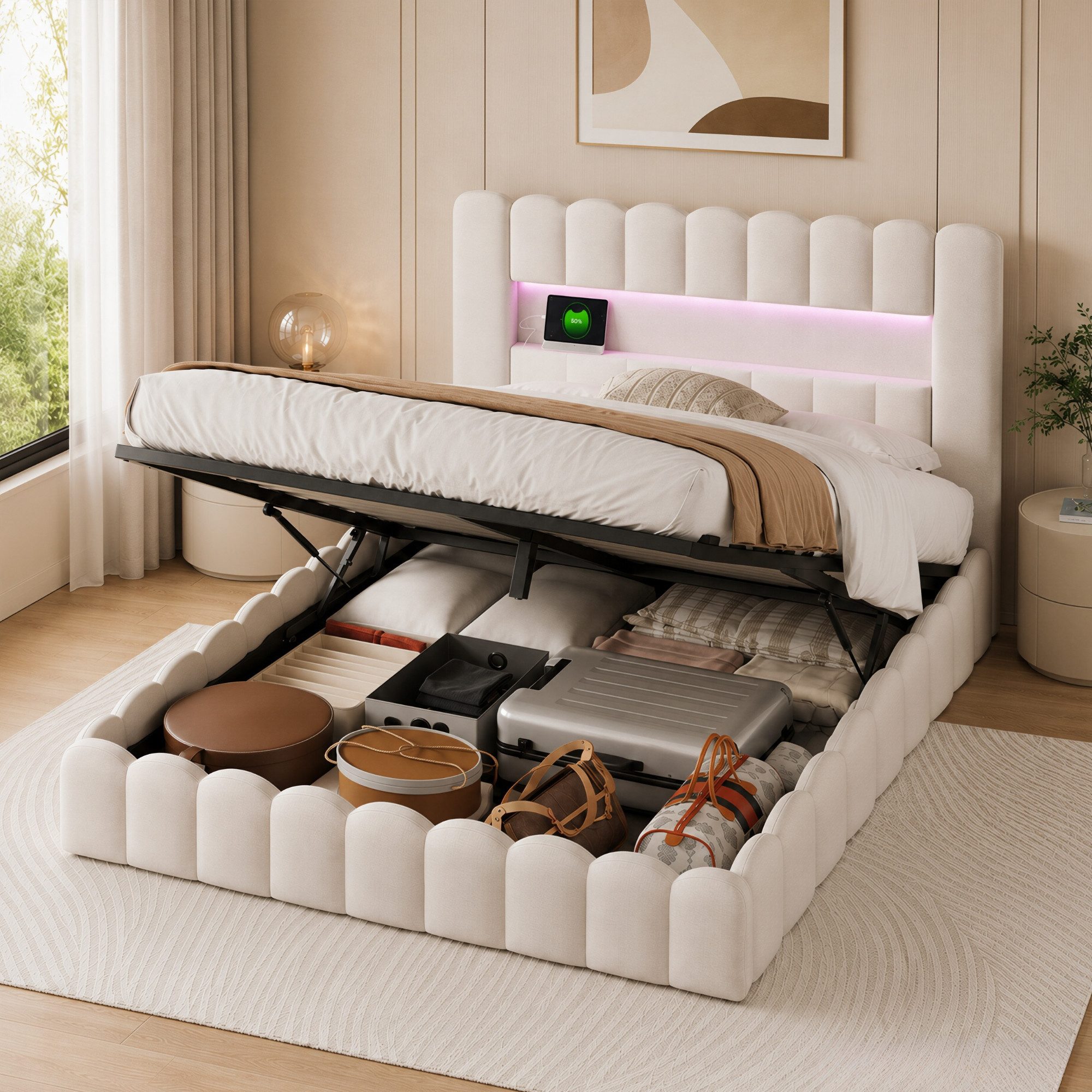 Simurq Polsterbett 140x200cm LED Stauraumbett Doppelbett mit hydraulischer Bettkasten (Packung, 1-tlg., Niedriges Polsterbett, Type-C + USB, Linen), Bodennahes Bett mit Stauraum