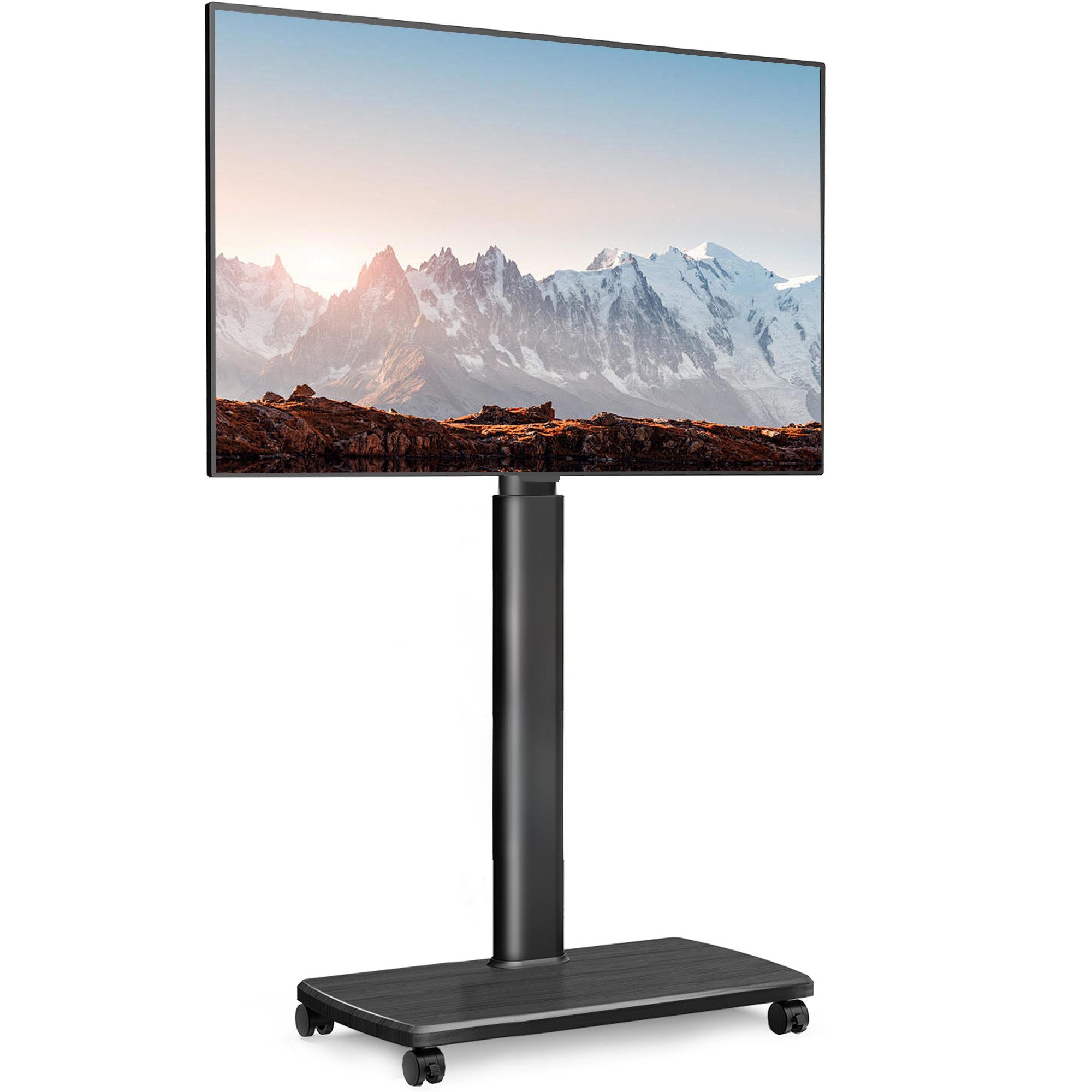 FITUEYES TV-Ständer mit Rollen, ±30° schwenkbar, höhenverstellbar, 32-70 Zoll, (bis 70 Zoll, mit Holzbasis, Kabelmanagement)