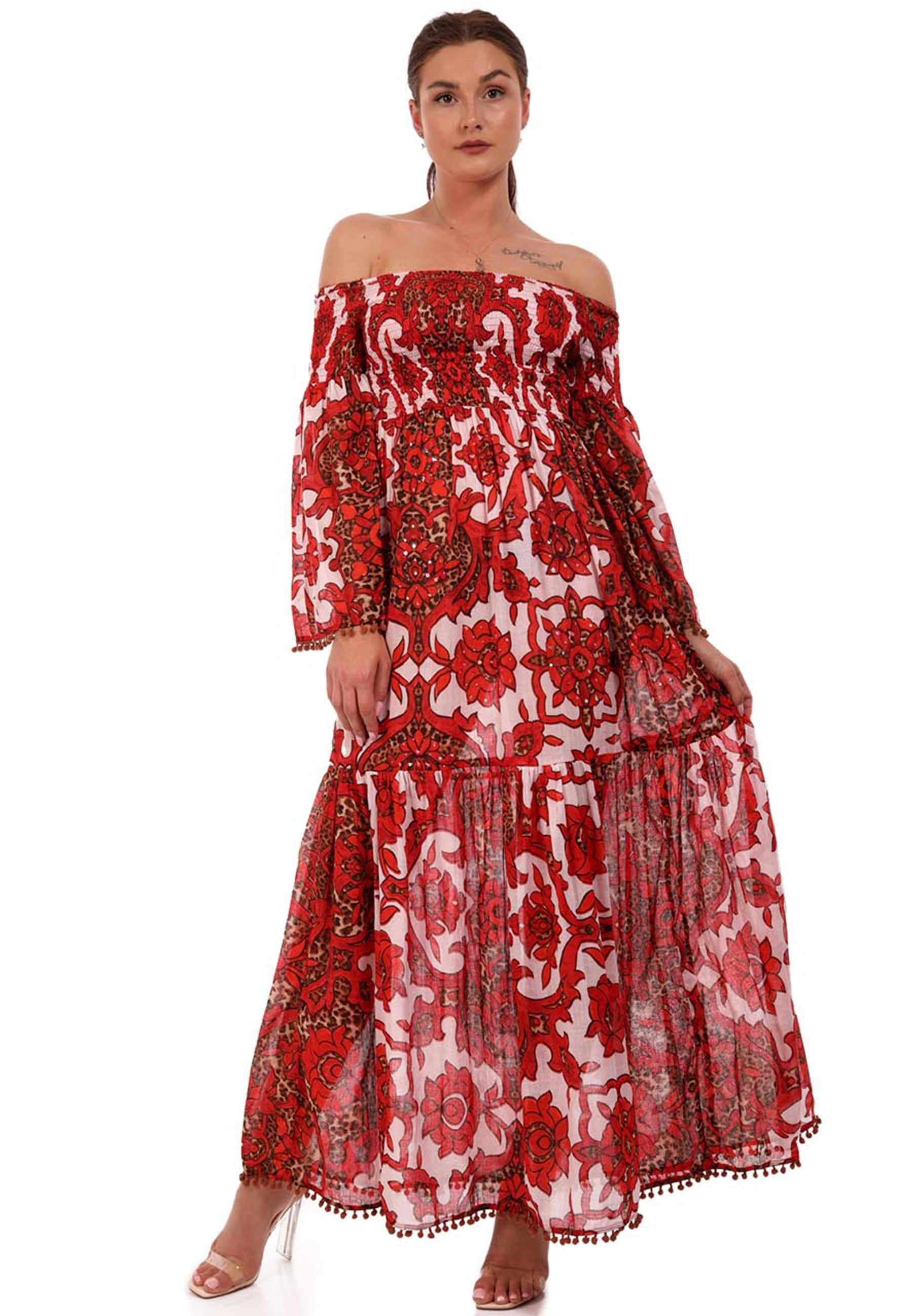 YC Fashion & Style Maxikleid Maxikleid mit Carmen Ausschnitt und Pailletten  aus reiner Baumwolle (1-tlg) mit Blumendruck
