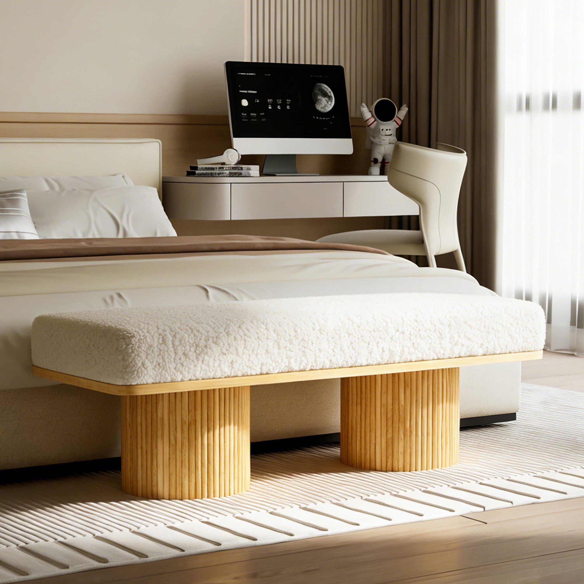 Celya Polsterbank mit Massivholzsockel (Teddy-Fleece-Bezug, moderne Optik), Geeignet für Schlafzimmer oder Eingangsbereiche