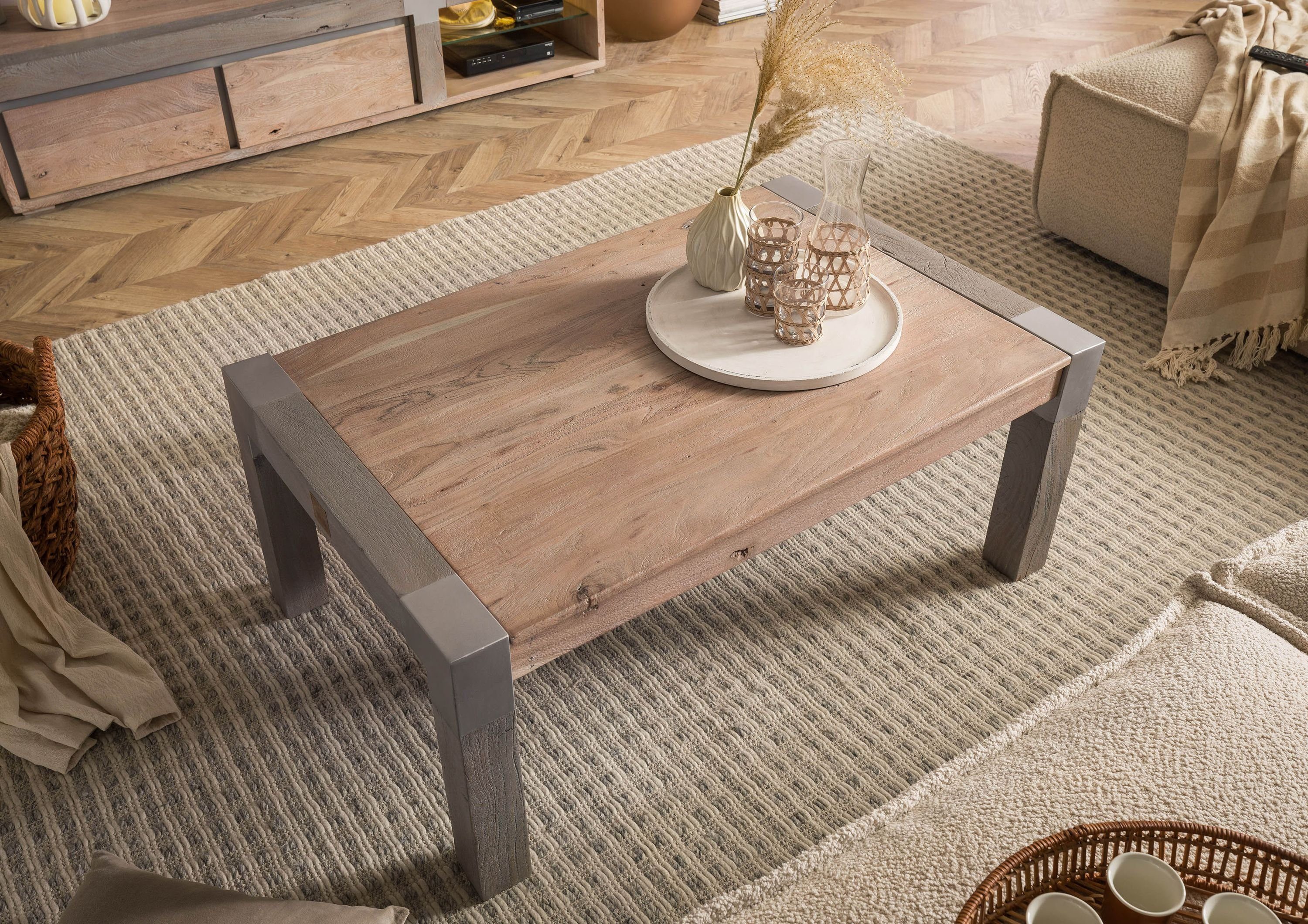 Massivmoebel24 Couchtisch AMSTERDAM (Massivholz, Massivholztisch), Couchtisch Akazie 110x70x45 beige lackiert Amsterdam #118