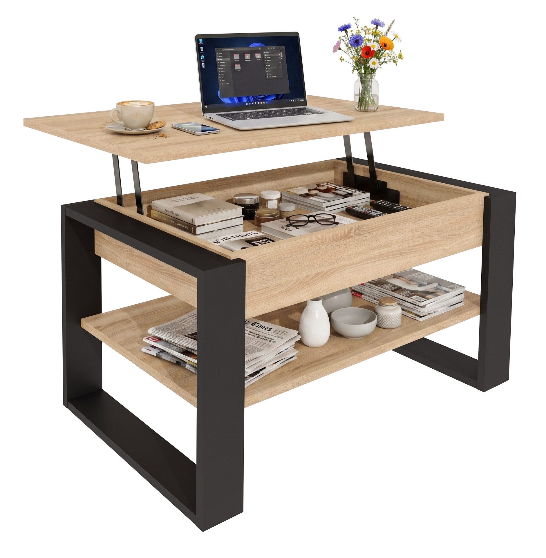 TREND WERK Couchtisch Lift-Couchtisch höhenverstellbar Sofatisch 92×55 cm mit Stauraum (verstecktem Fach Wohnzimmertisch Holz modern)