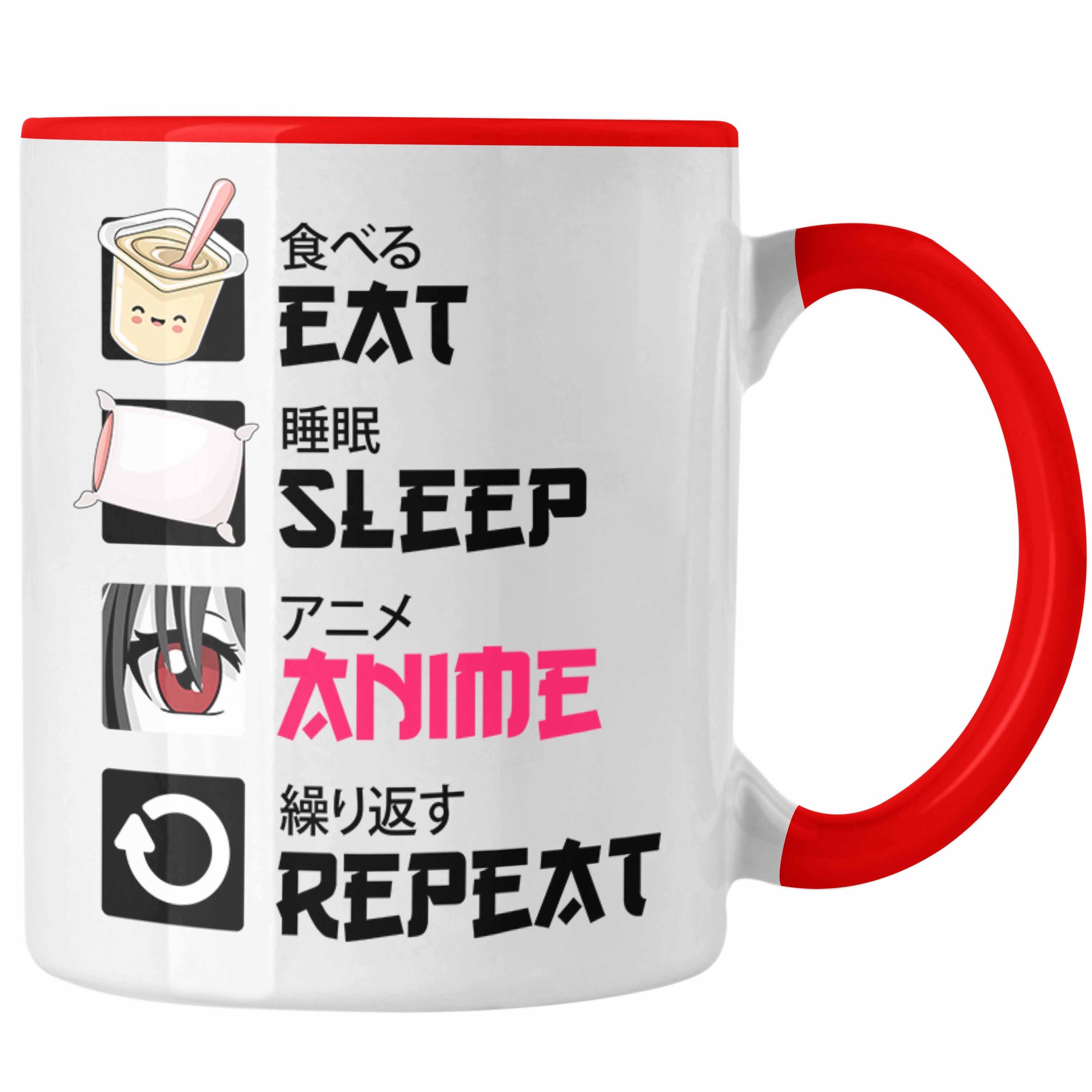 Trendation Tasse Trendation - Eat Sleep Anime Tasse Geschenk Spruch Kaffeetasse Geschenke Deko Rot