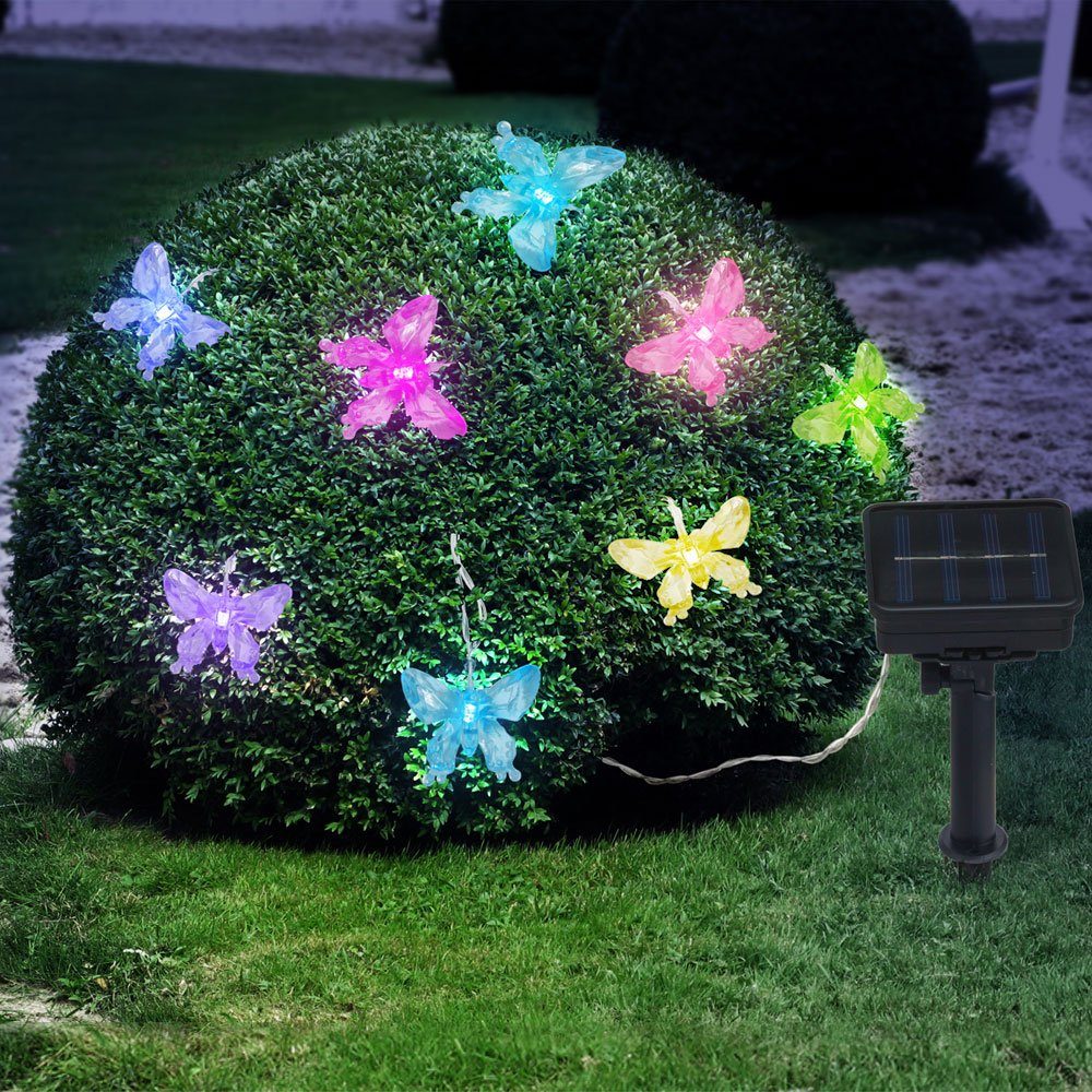 etc-shop Gartenleuchte, LED-Leuchtmittel fest verbaut, Farbwechsel, RGB LED Außen SOLAR Lichter Kette Schmetterling Optik Deko Garten