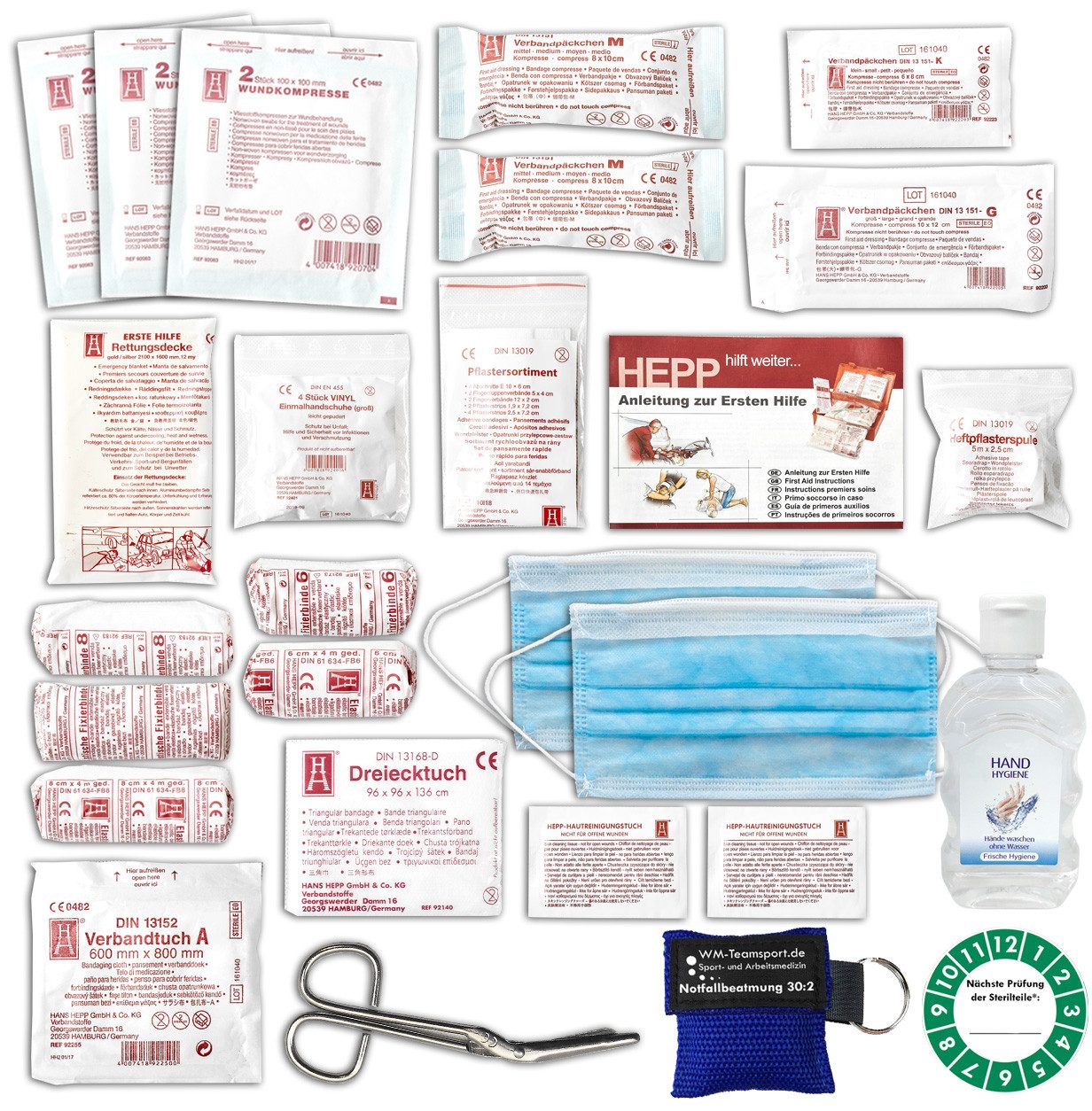 Erste-Hilfe-Set KFZ-Verbandkasten - Set DIN 13164 Plus 2 Hygiene-Gel + Beatmungshilfe