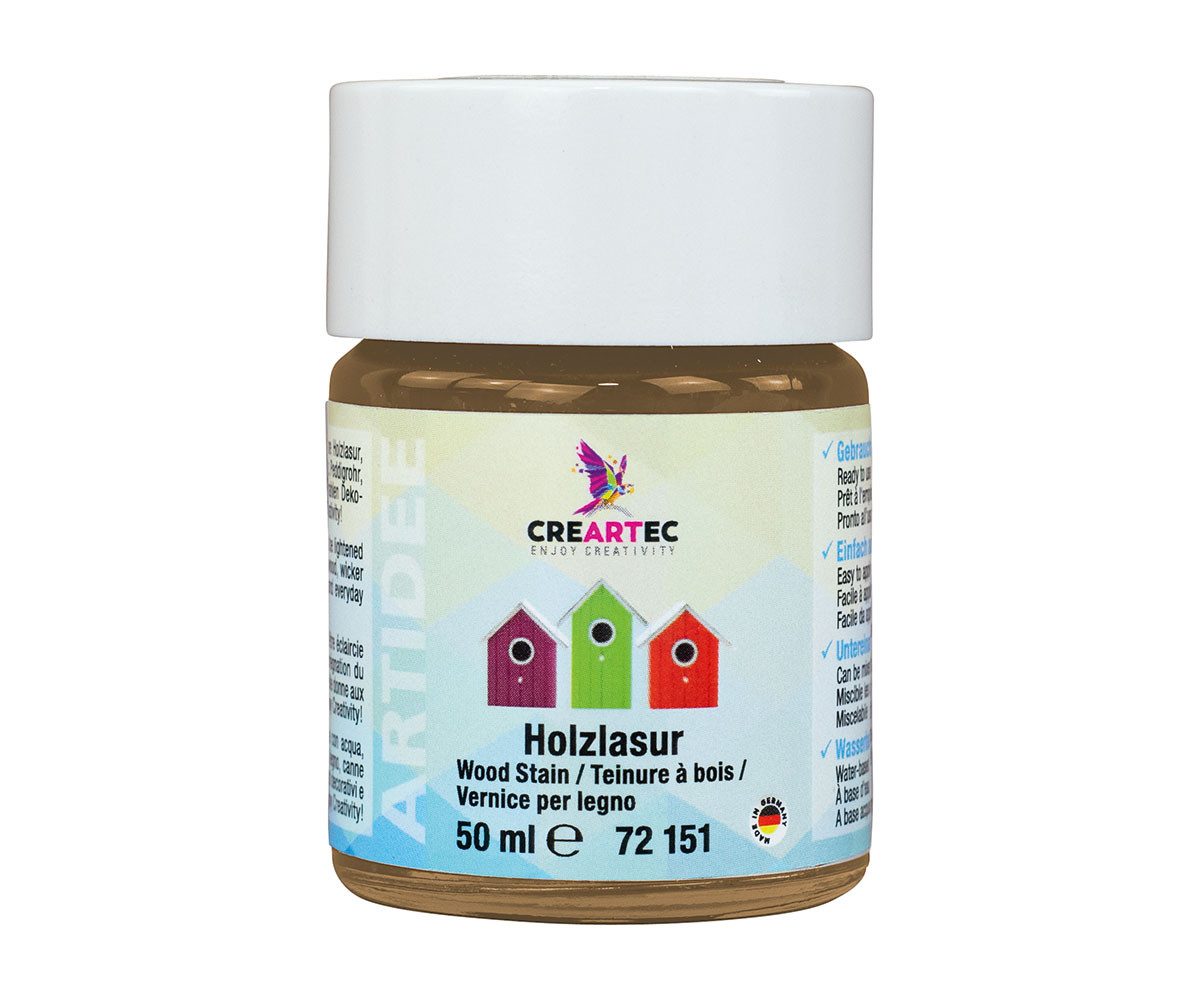 CREARTEC Lasur Holzlasur Mittelbraun - 50ml - für verschiedene Materialien, zum Imprägnieren und Lasieren von vielen Objekten - Made in Germany