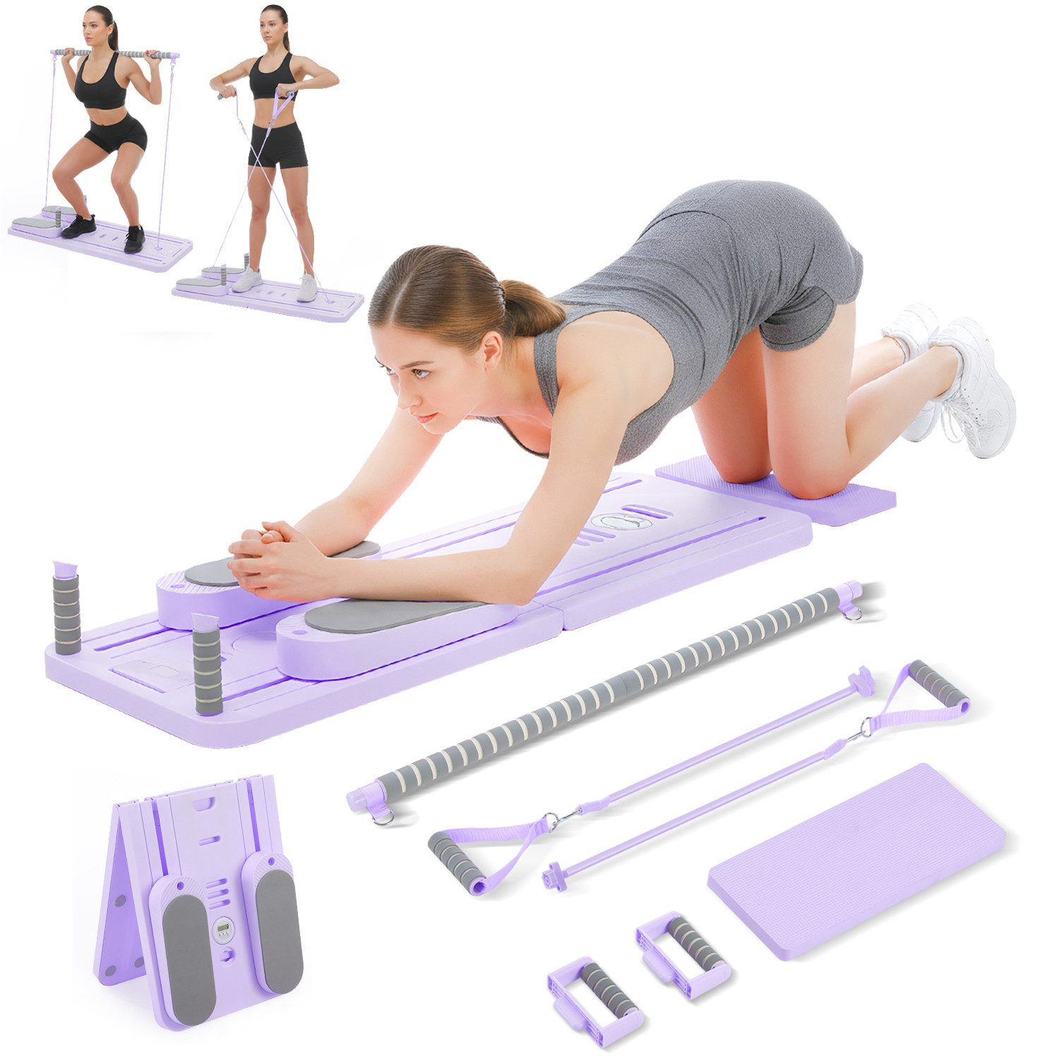 kehot Ganzkörpertrainer Faltbares Pilatesboard Multifunktionales Trainingsboard mit Zugstange, (Mehrere Trainingsfunktionen für Ganzkörperübungen zu Hause, 106×41 cm, 12-tlg., Inklusive Zugstange, Widerstandsbänder und Liegestützgriffe), Platzsparendes Klappdesign aus PP mit rutschfesten Polsterflächen