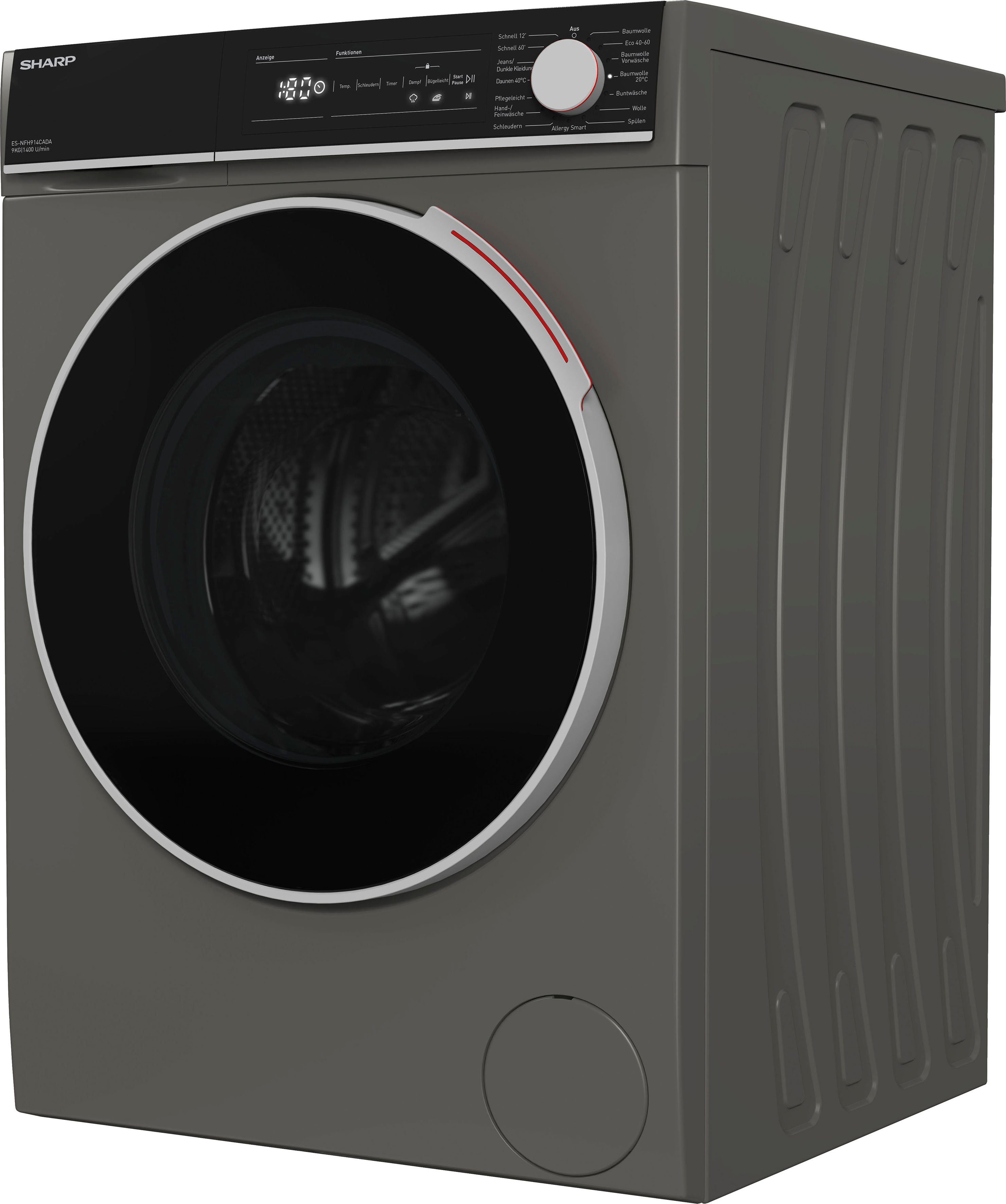 Sharp Waschmaschine ES-NFH914CADA-DE, 9 kg, 1400 U/min, Programmwahlknebel  und DirectTouch mit LED-Display