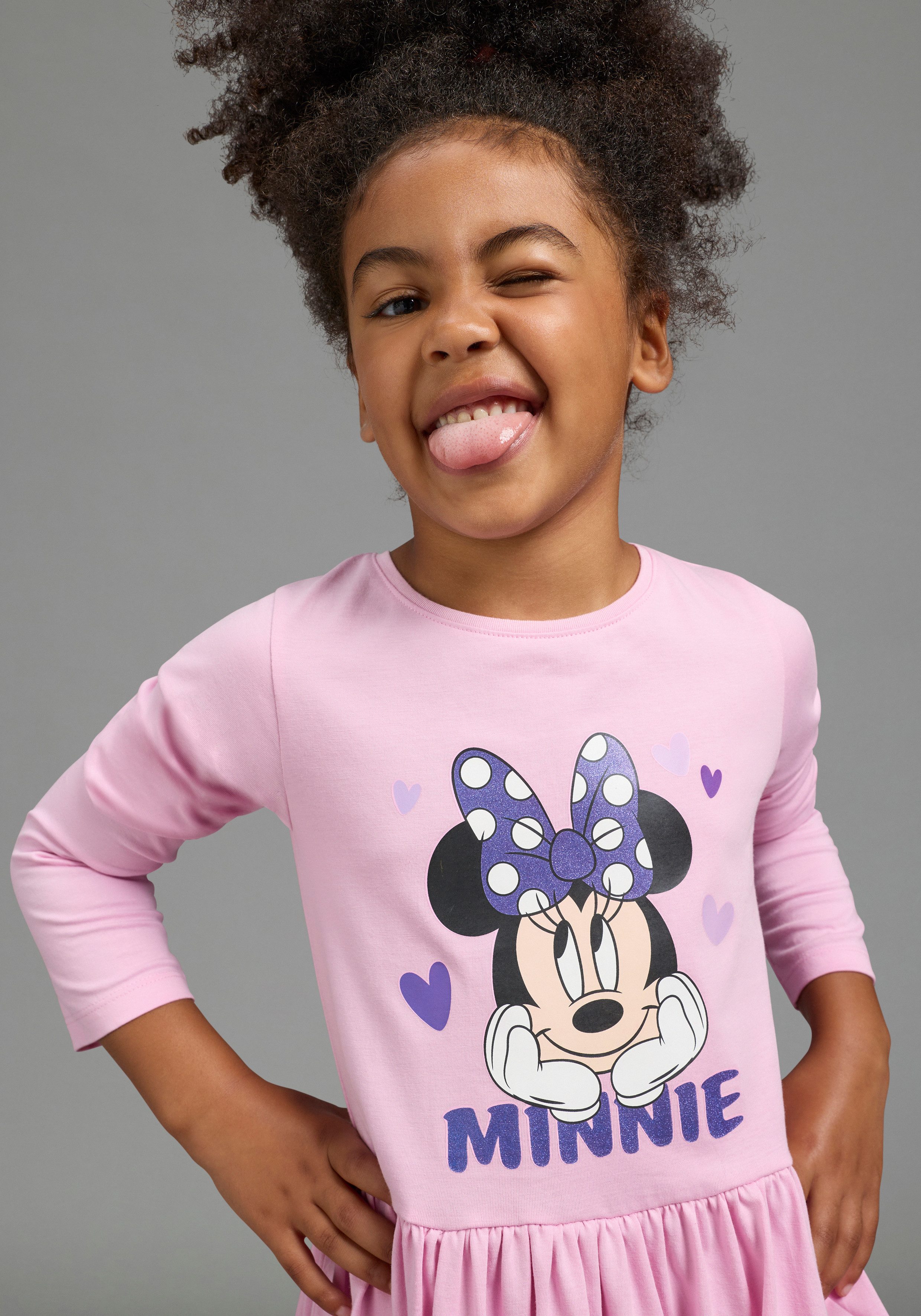 KIDSWORLD Jerseykleid MINNIE MOUSE Kleid, Disney Jerseykleid, mit Rundhalsausschnitt, bedruckt, mit Glitzerdruck