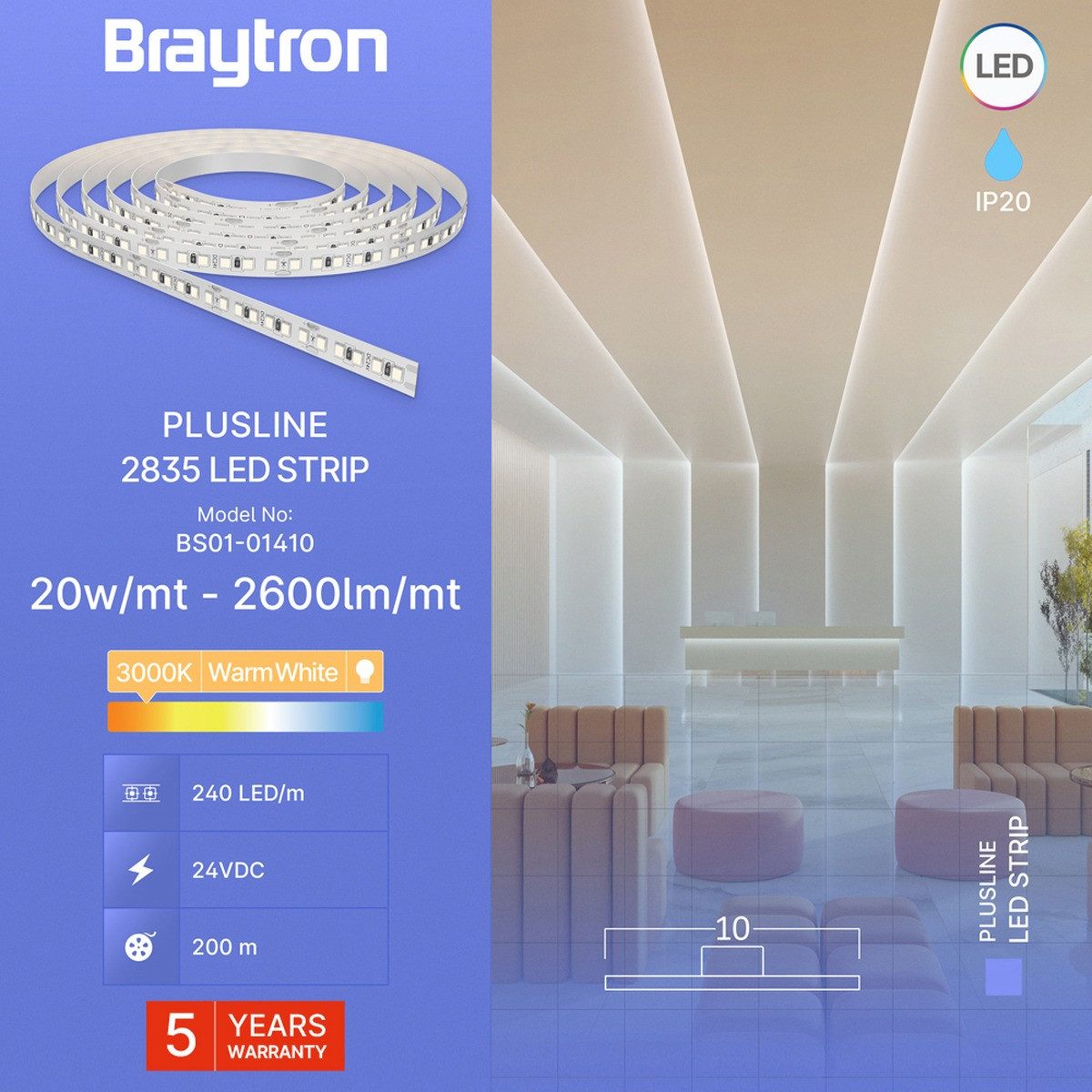 Braytron LED Stripe Streifen 10 Meter Rolle 24V –Extrem Hell 20W/m –240 LED/m 260 Lumen/m, Sehr hell, Klebestreifen, Kürzbar, 24V