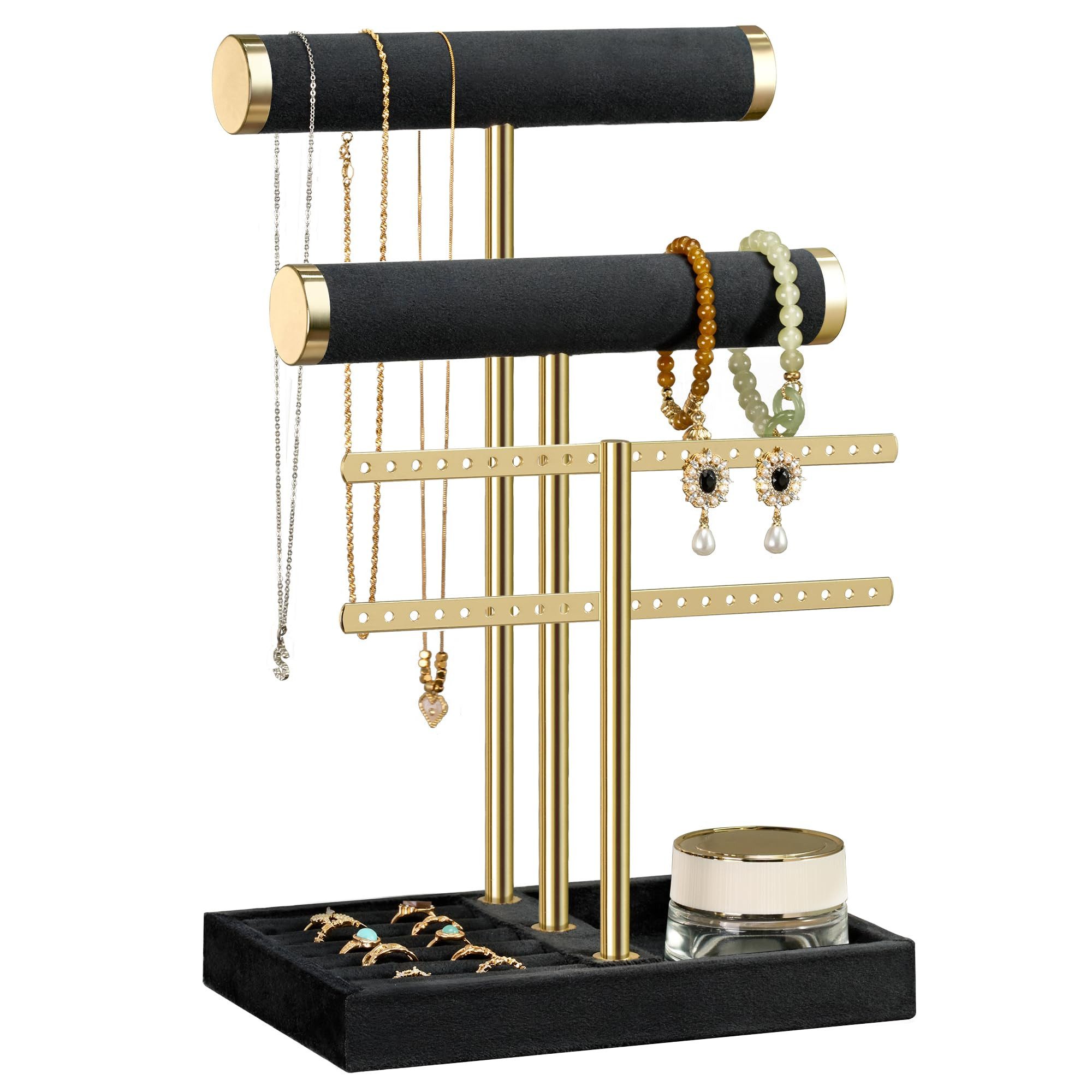SURFOU Schmuckständer Schmuck Organizer mit 3 Ebenen – Samt-Armbandständer mit T-Steg (5-in-1 Schmuckpräsentation mit Samtstangen, Ringablage & Fach – Ideal für Armbänder, Halsketten & Uhren, 1 St)