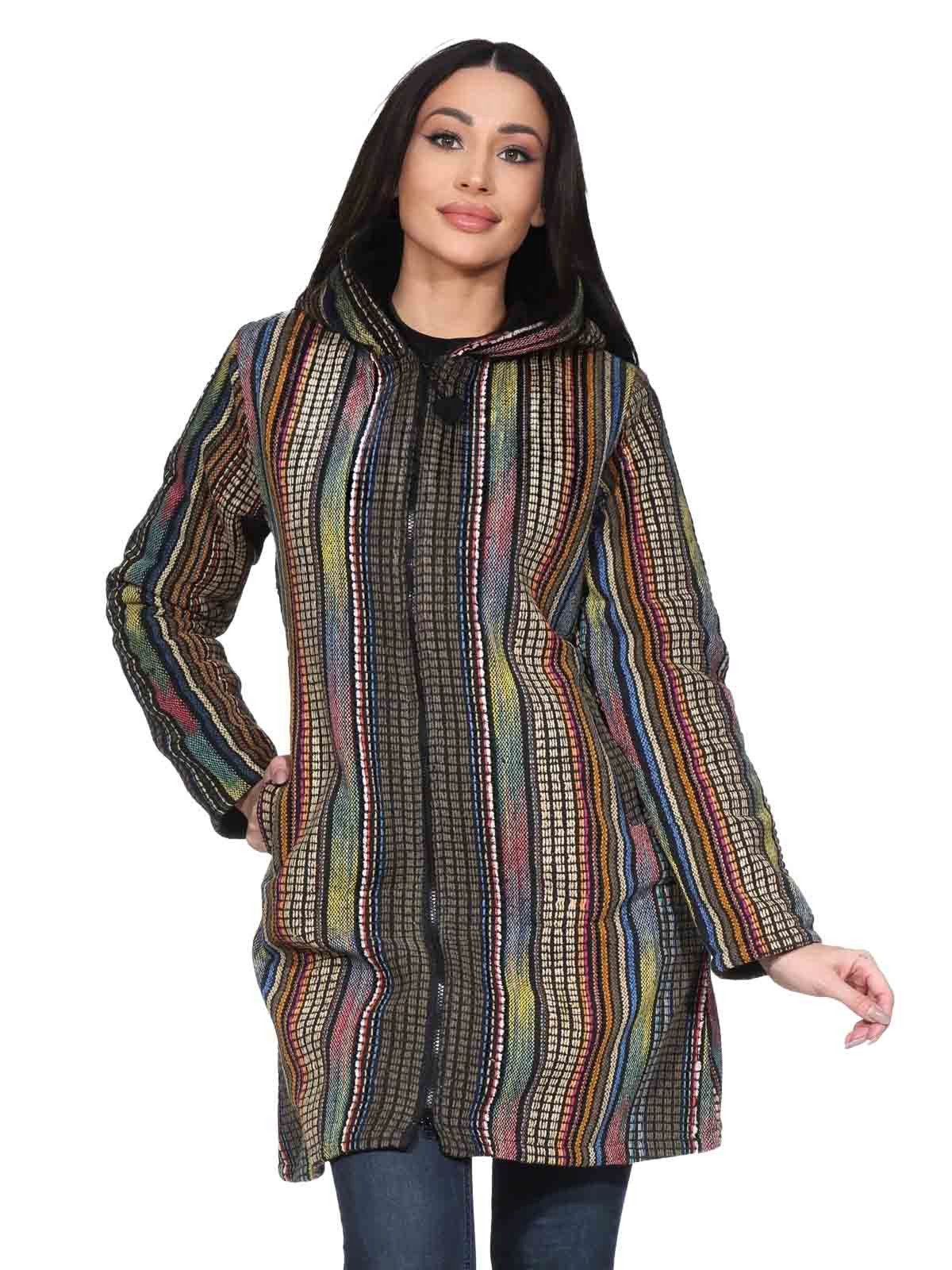KUNST UND MAGIE Langjacke Damen Gheri Jacke mit Kapuze -Hippie Goa Boho Damen Mantel Bunt