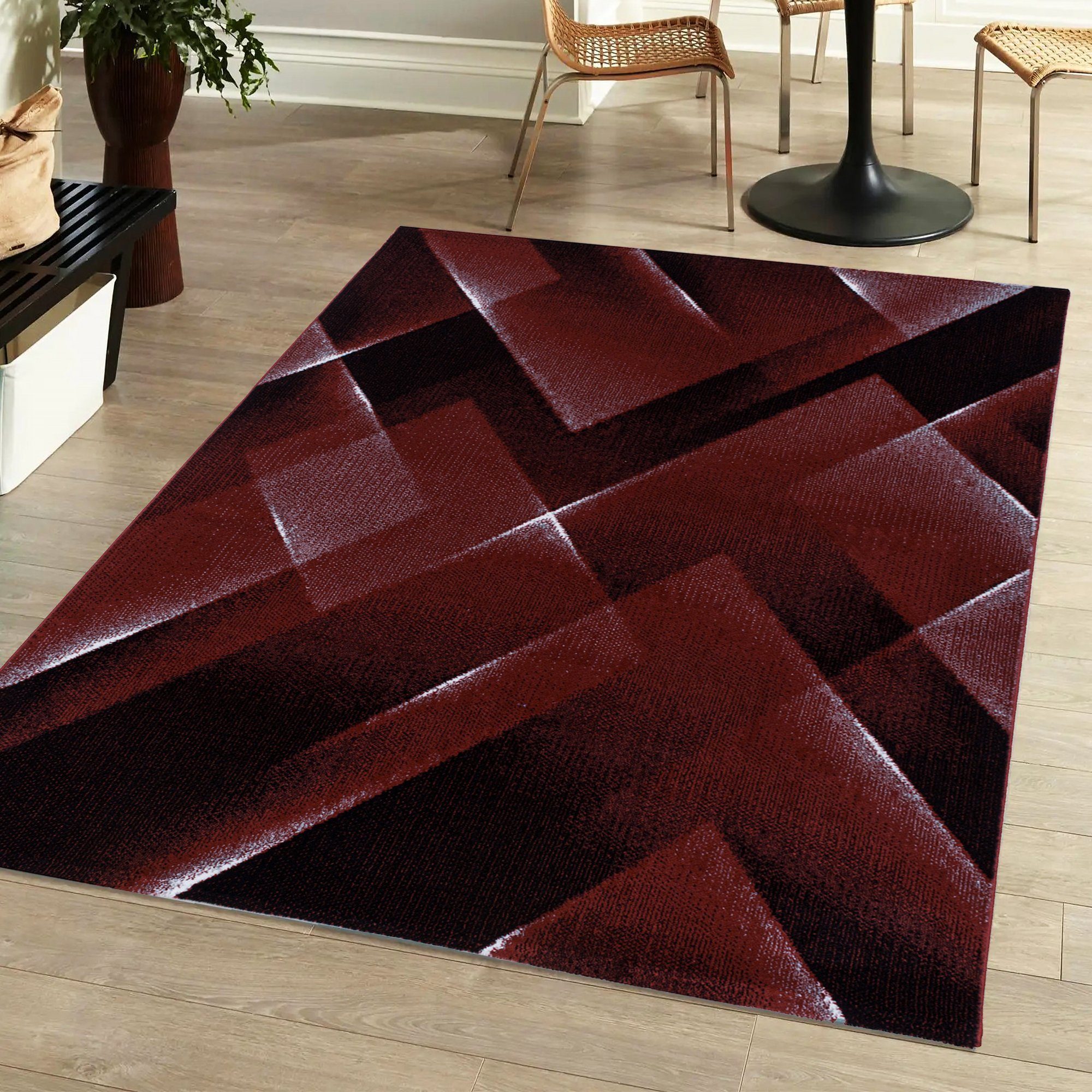Designteppich Flachflorteppich 3D-Optik Wohnzimmer Schlafzimmer Kurzflorteppich, Miovani Rot
