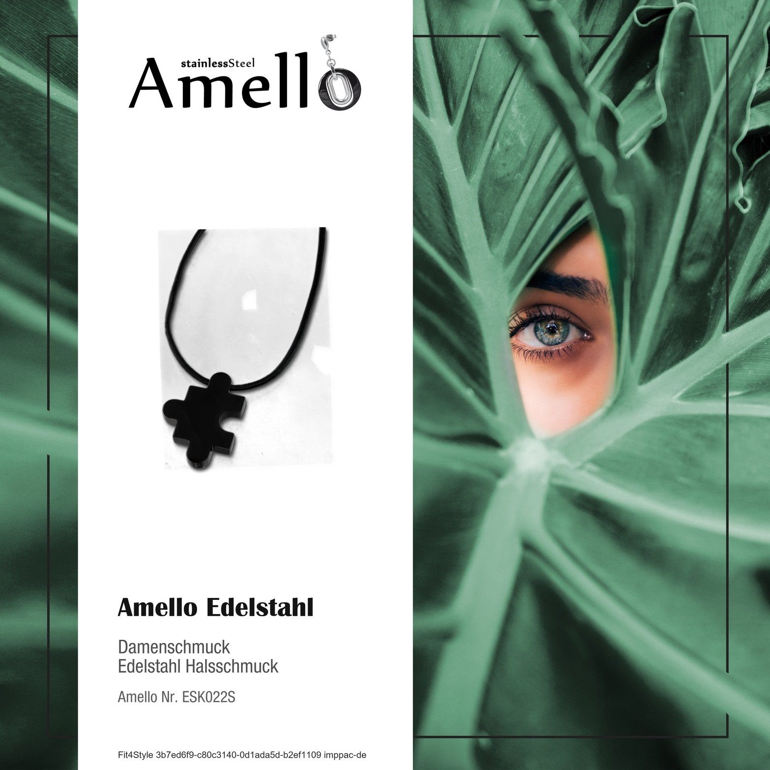 Halskette 5cm Puzzle Edelstahl Amello Amello schwarz (Halskette), ca. + silber Damen-Halskette 50cm Verlängerung, (Stain (Puzzle) Edelstahlkette