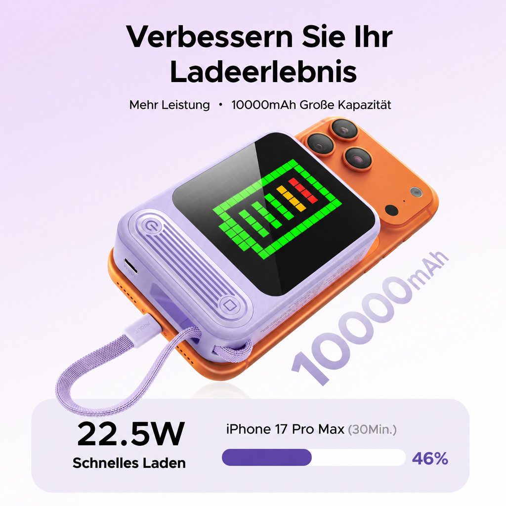 ORICO PixCharge Plus Powerbank 10000mAh mit 22,5W Schnellladung, Powerbank 256-LED Pixel Display & App-Steuerung, integriertem USB-C Kabel 10000 mAh (5V / 9V /  – Bild 4 von 5