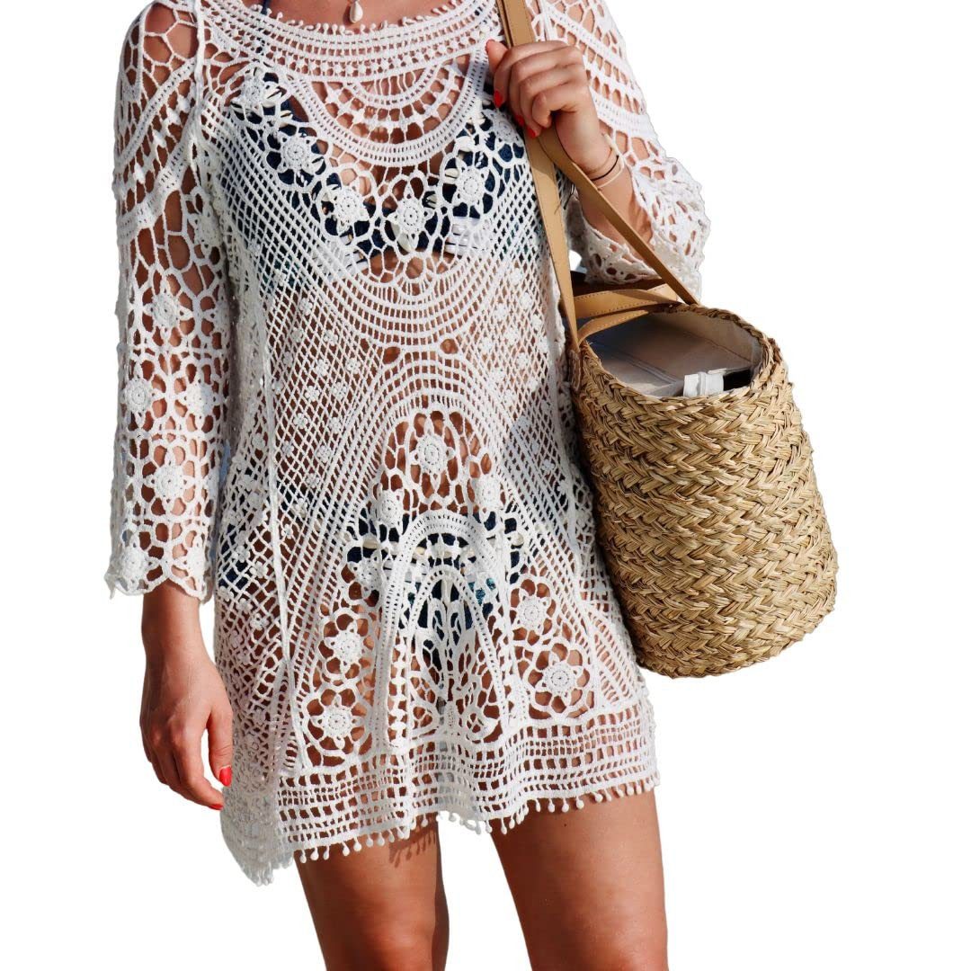 RWEUOQ Strandkleid Bikini-Cover-ups, locker sitzende Strandbekleidung für Frauen (Strandkleider Damen kurze Röcke Bademode Bikini Spitze Häkeldeckchen) Bohème rückenfreier Kittel, Spitze, Fransen