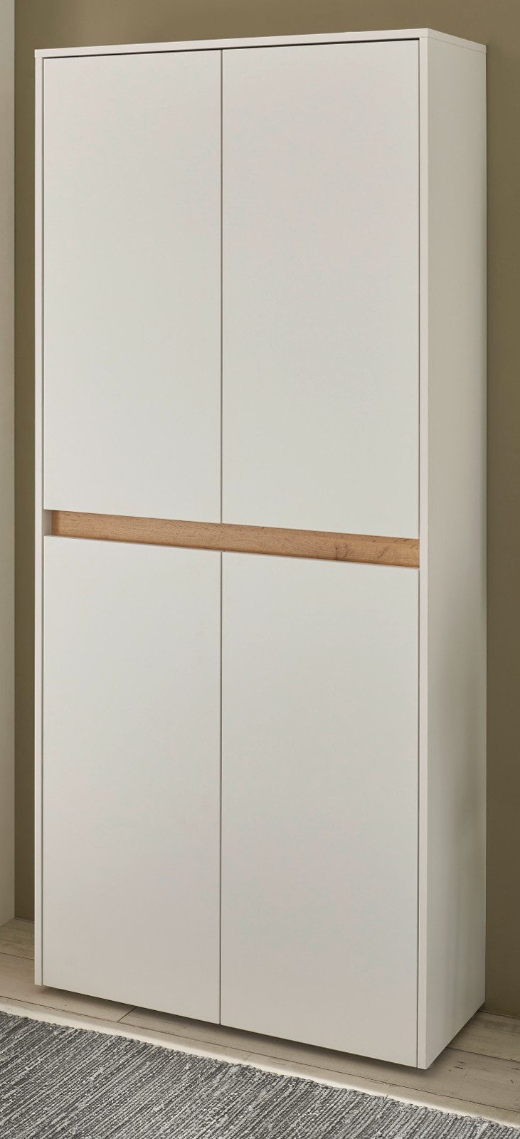 Furn.Design Schuhschrank Center (Flurschrank in Weiß mit Wotan Eiche, 4-türig, 85 x 197 cm) variable Inneneinteilung mit bis zu 8 Fächern