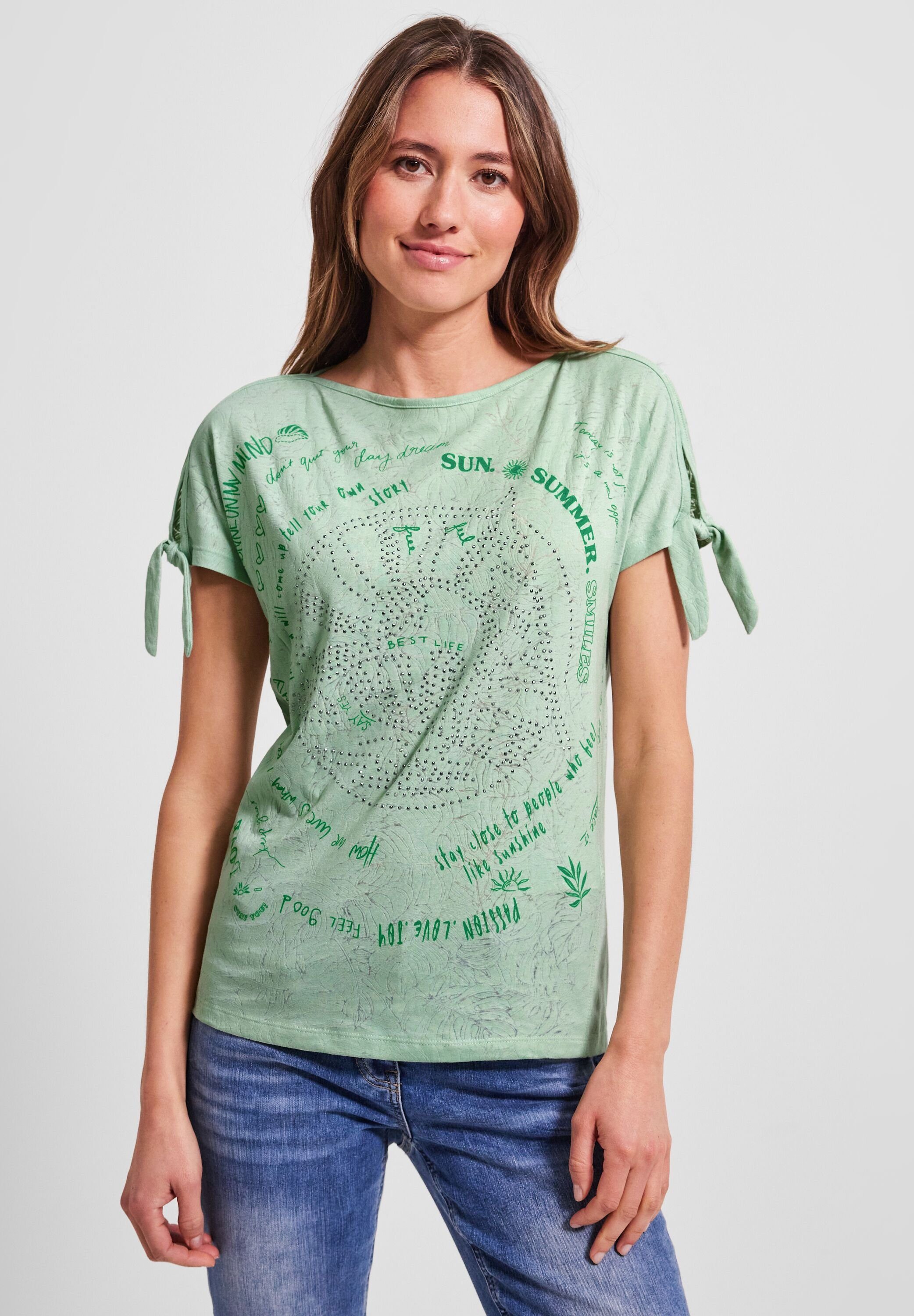 Cecil T-Shirt Cecil T-Shirt mit Knotendetail in Burn Out Salvia (1-tlg) Knotendetail burn out salvia green