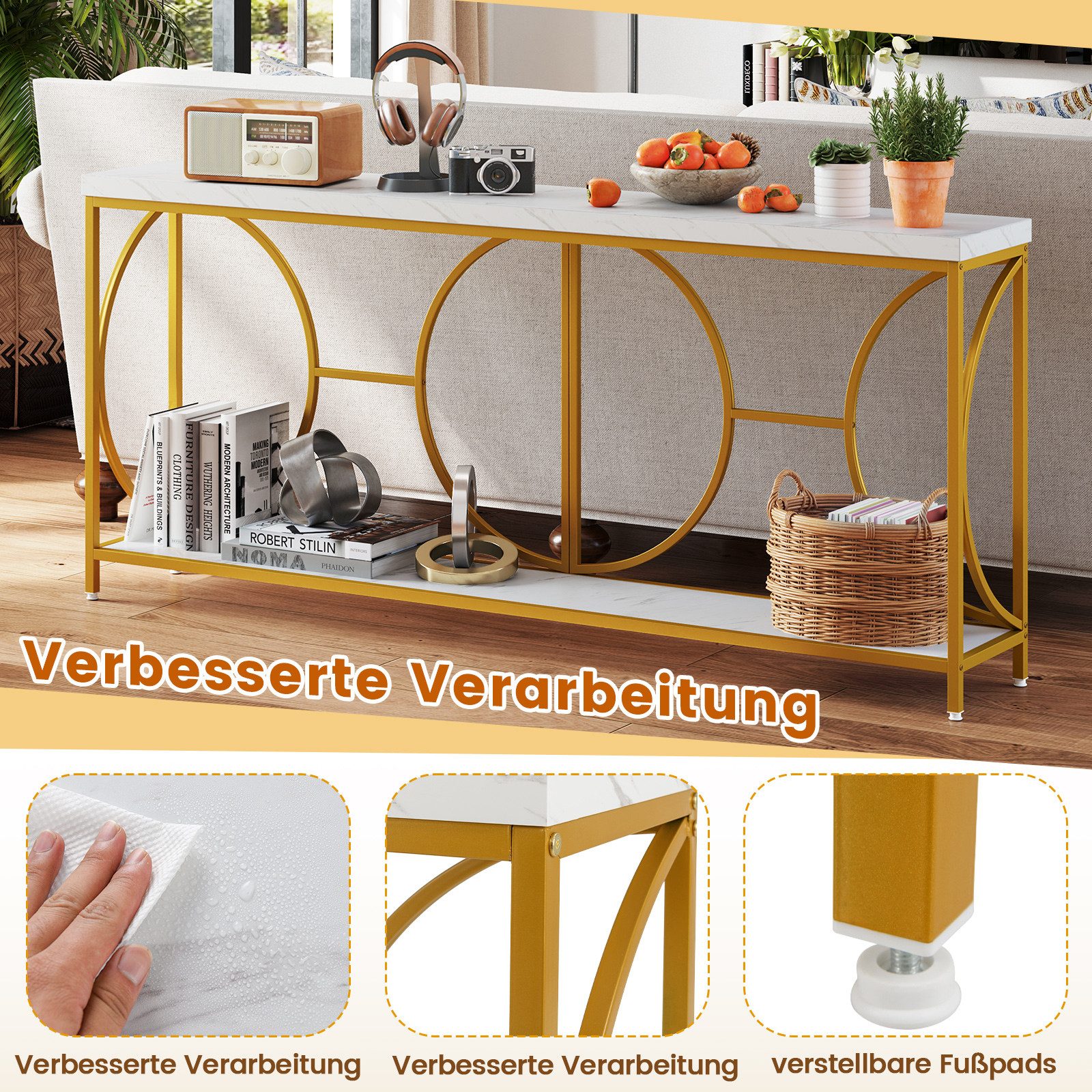COSTWAY Konsolentisch, schmal Marmor, mit geometrischem Metallrahmen, gold