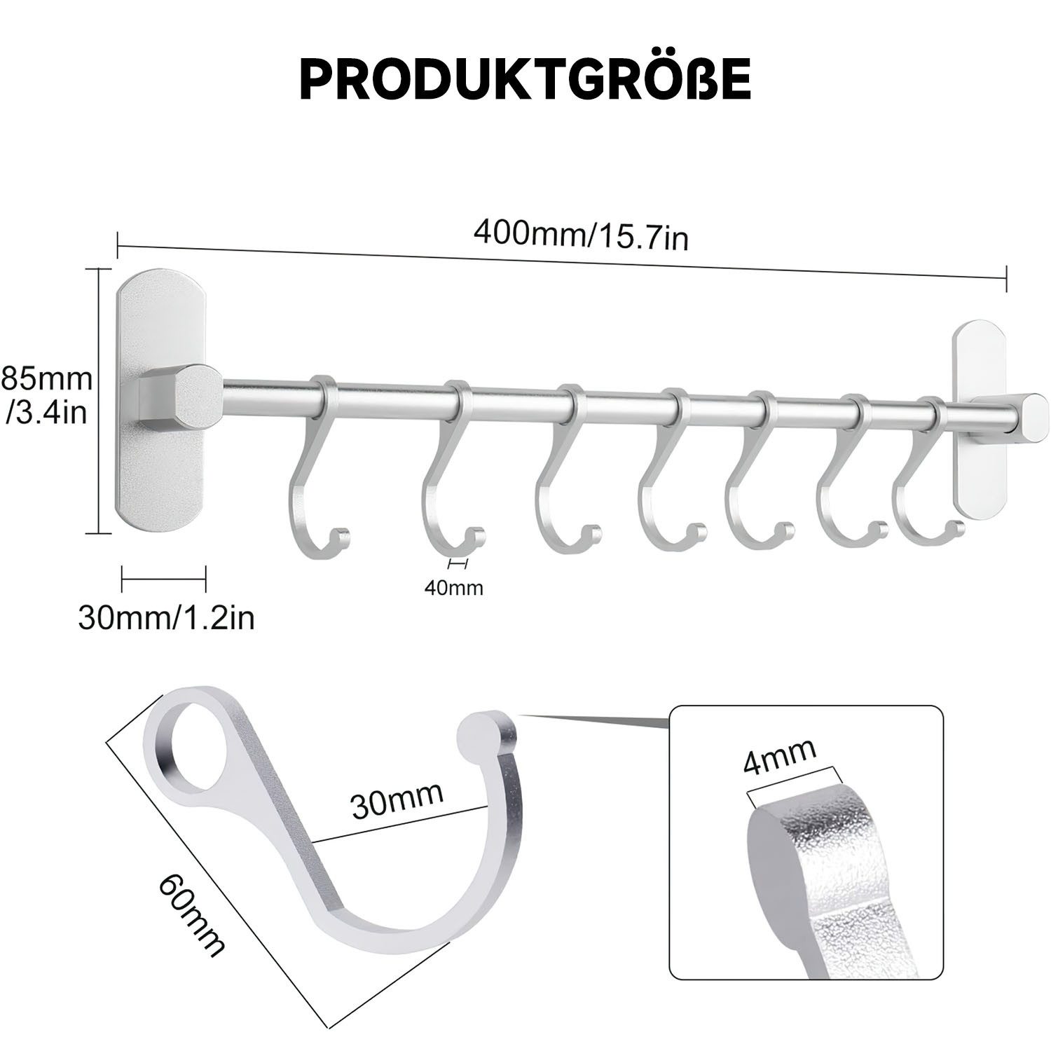 SURFOU Hakenleiste Küche ohne Bohren Selbstklebend Küchenschiene mit 7 Haken, (Kleiderhaken), ohne Bohren, 20kg Tragfähigkeit, Aluminium Küchenhakenleiste
