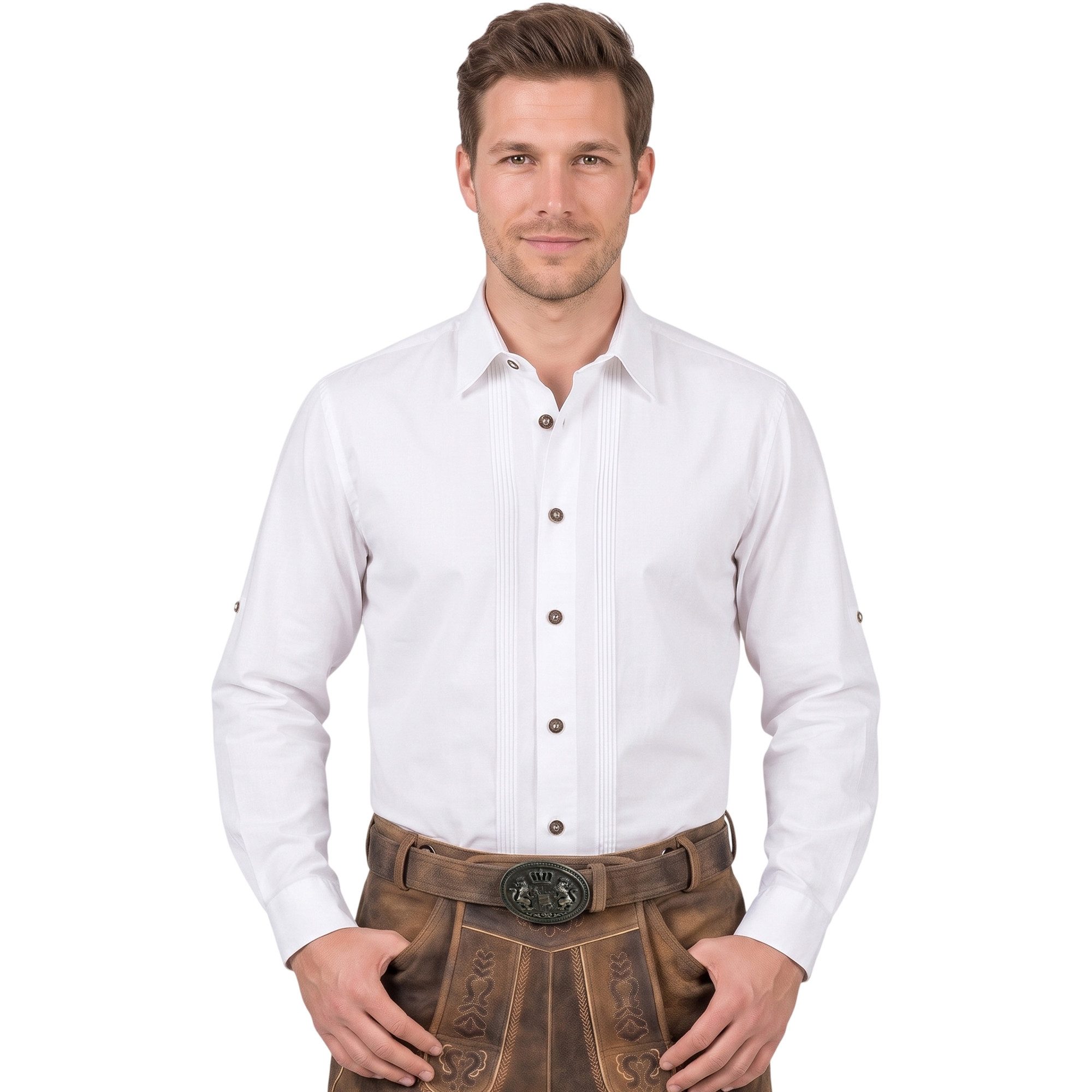 German Wear Trachtenhemd GW1264-L-Kentkragen Trachtenhemd aus weißer Baumwolle 2×5 Falten